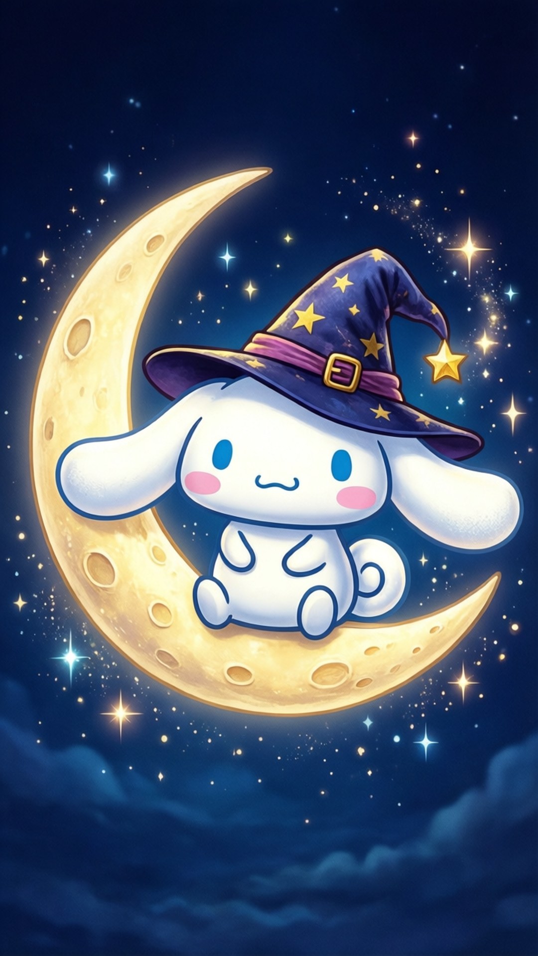 Moonlit Wizard 壁紙 — 一隻可愛的白兔戴著星星圖案的紫色巫師帽，平靜地坐在閃爍夜空中的發光新月上。