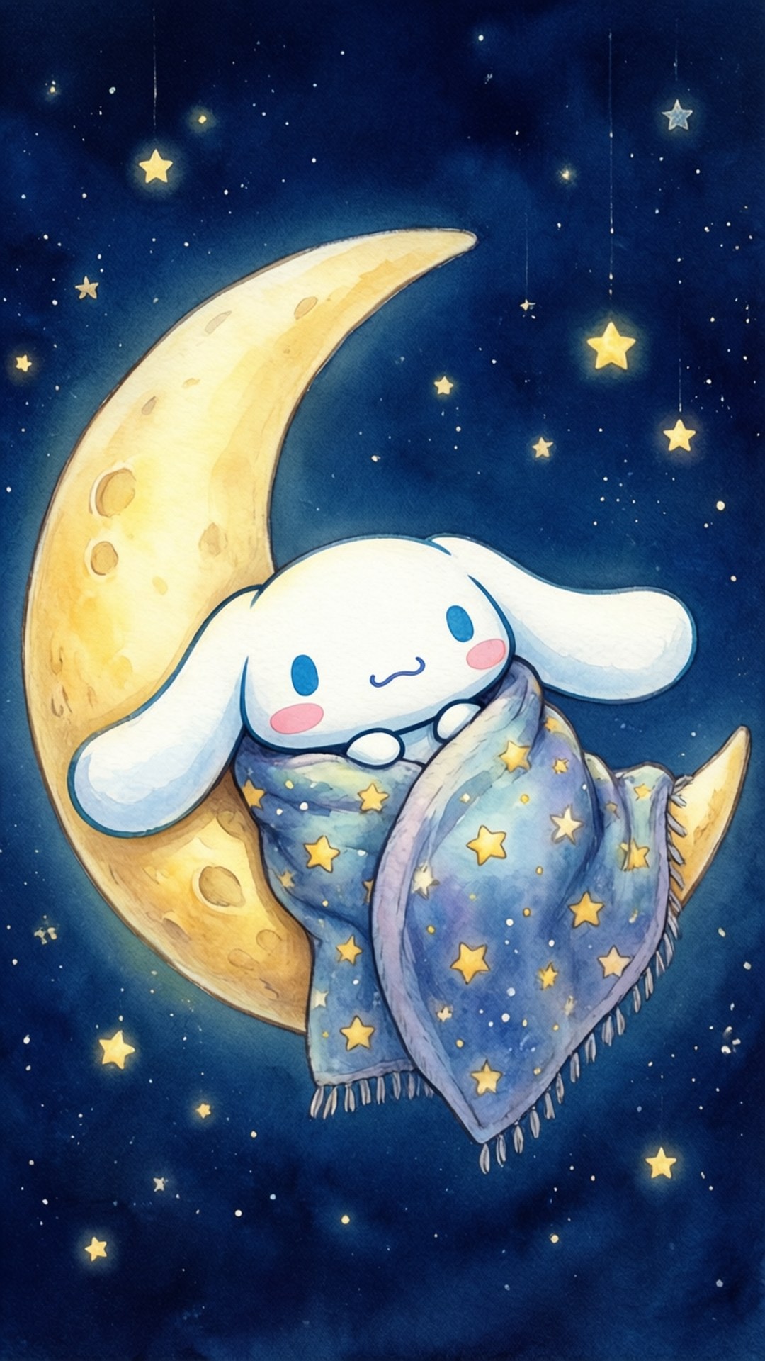 Moonlit Sleep 壁紙 — 一隻可愛的白色長耳兔裹著星星毯子，在星空夜空的襯托下，安詳地躺在彎月上休息。