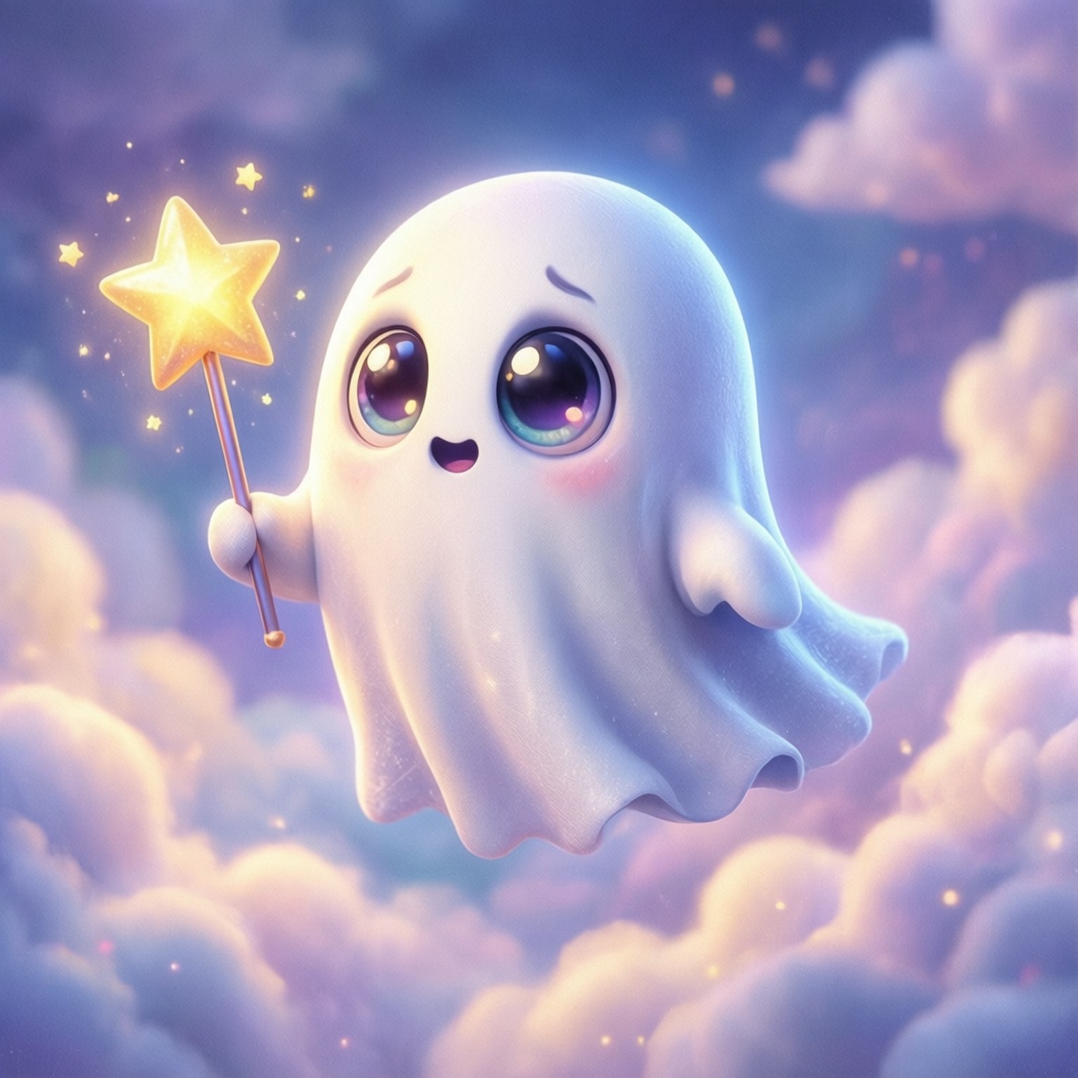 Friendly Ghost Star 壁紙 — 一隻可愛的白色幽靈，有著大大的藍色眼睛，漂浮在粉彩雲朵中，手持發光的星星魔杖。