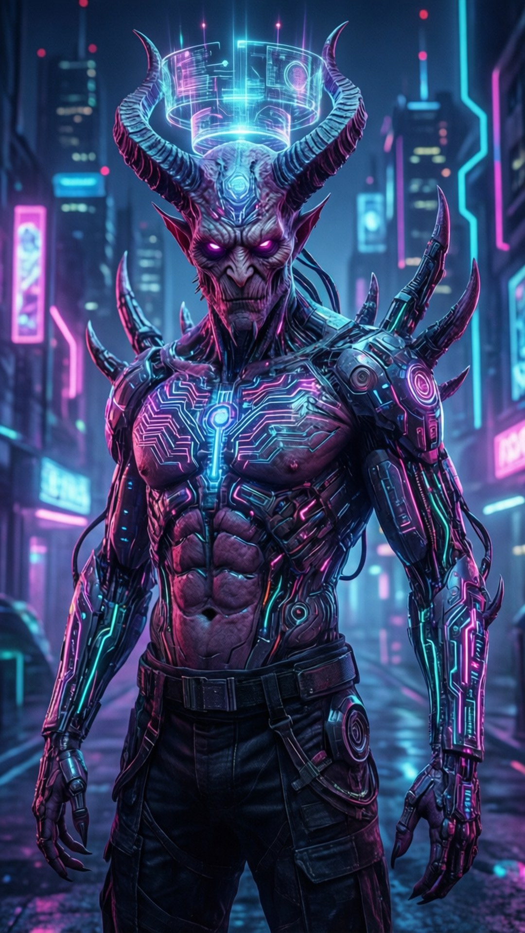Neon Cyberdemon 壁紙 — 一個帶有發光角和電路的機械惡魔，站在霓虹燈閃爍的未來城市景觀中。