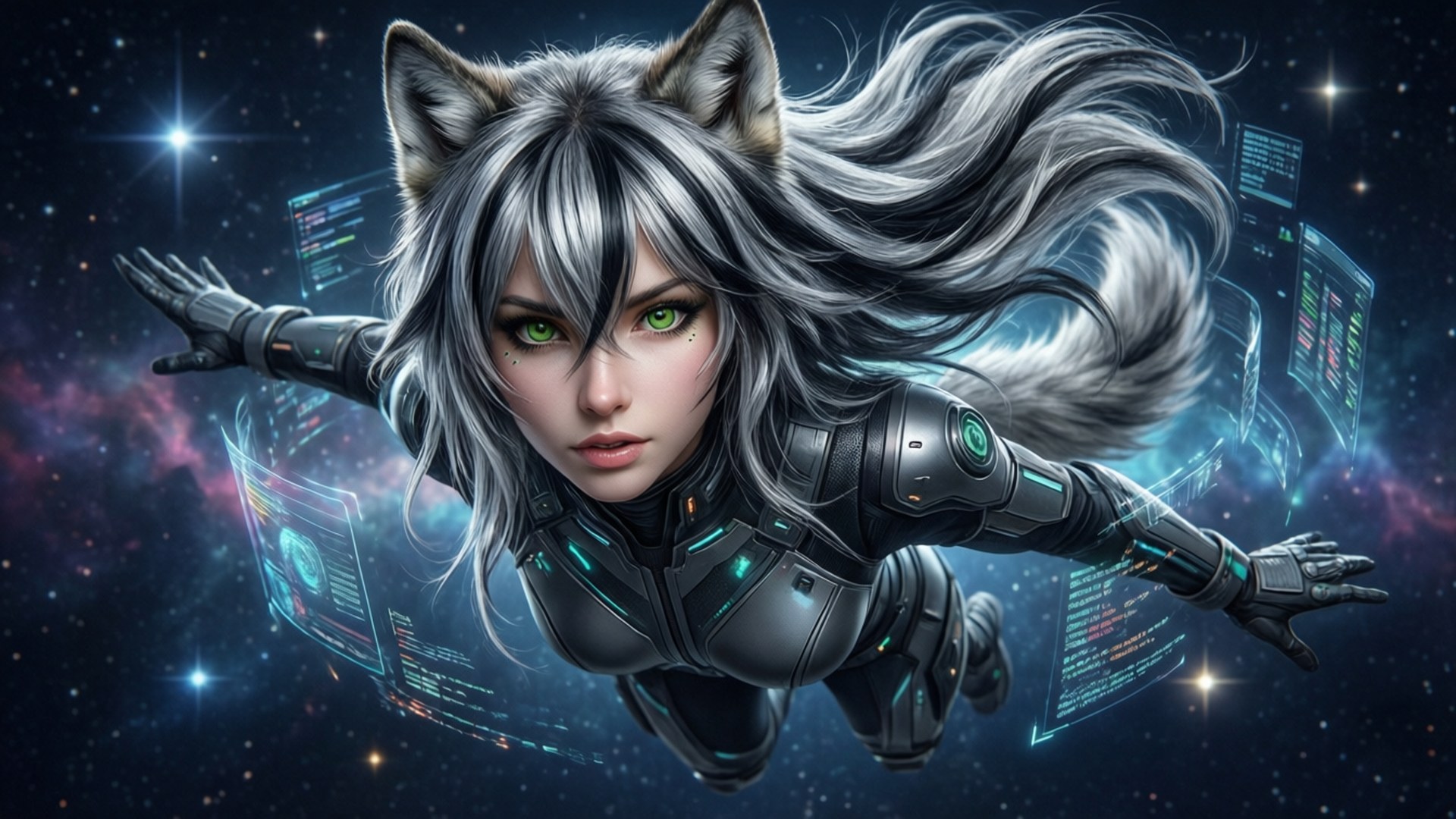 Stellar Wolf 壁紙 — 一位擁有銀色頭髮和狐狸耳朵的機械化女性，在星光閃爍的星雲中漂浮，周圍環繞著浮動的全息數據螢幕。
