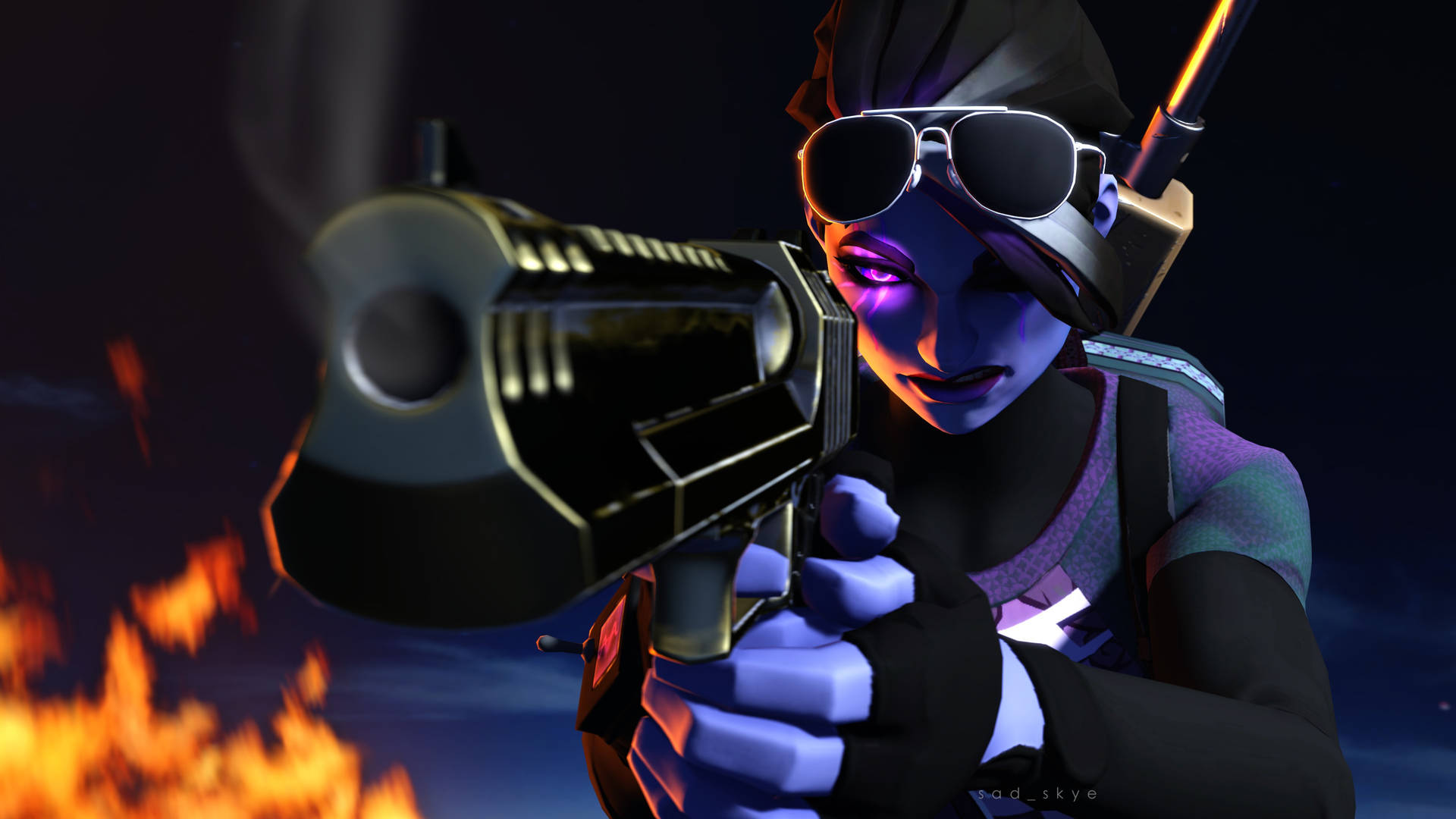 賽博龐克角色在夜晚背後有火焰的情況下瞄準一把冒煙的槍。 — Fortnite 壁紙