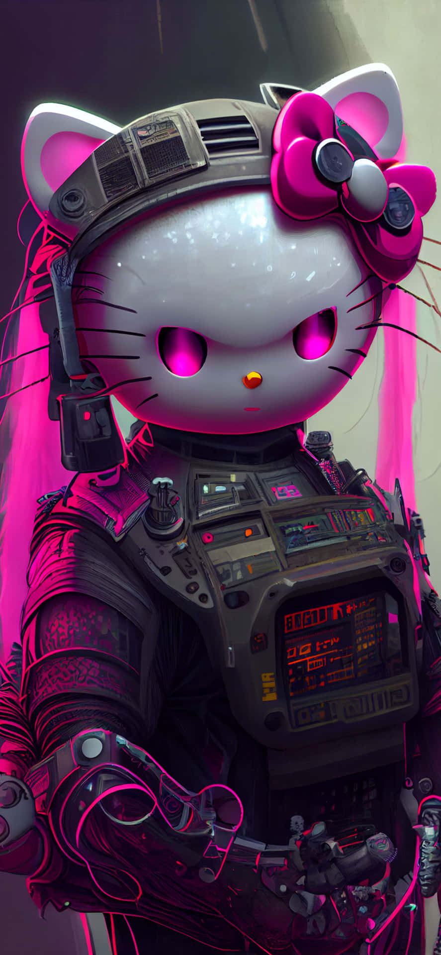  壁紙 — 一個賽博龐克風格的Hello Kitty，身穿發光粉紅和黑色裝甲服，擁有發光的眼睛和未來感耳機。