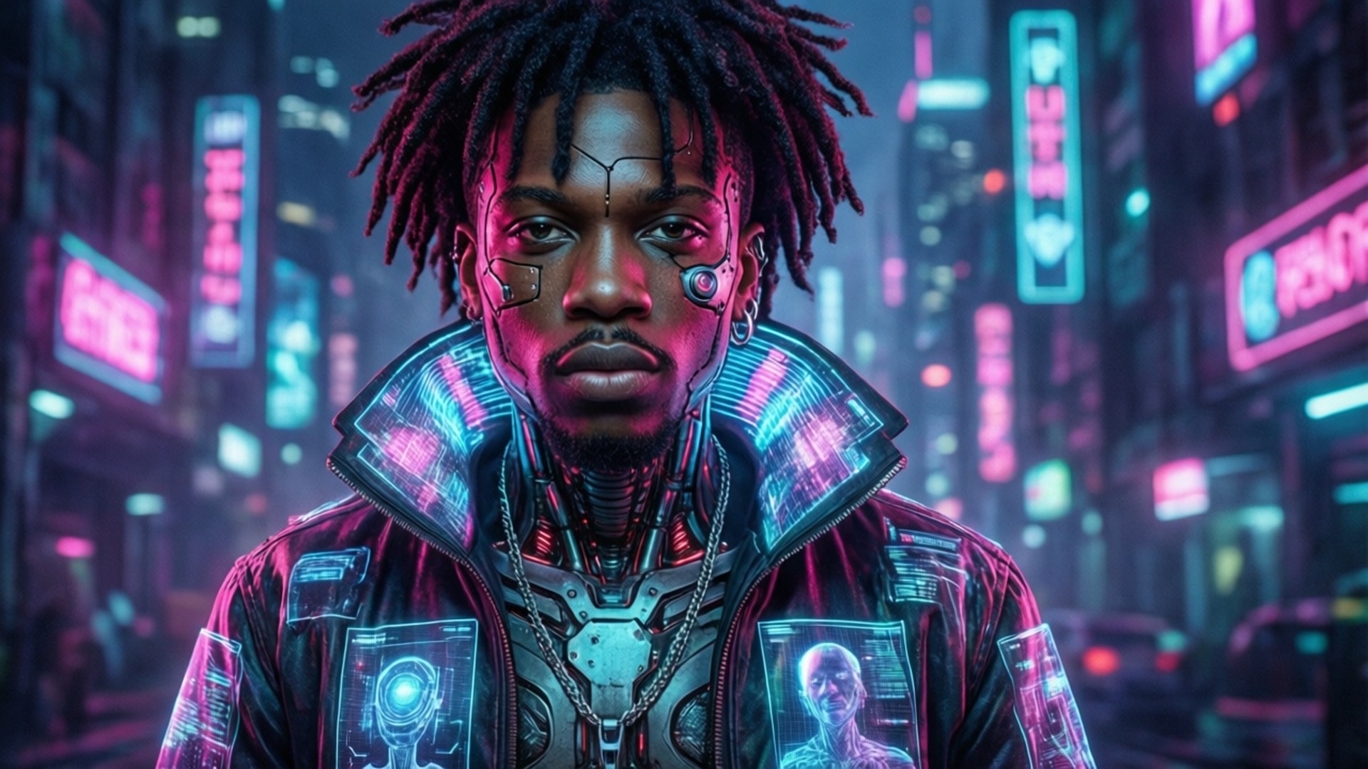 Cyber Trippie 壁紙 — 一個留著辮子、帶有發光電子植入物的賽博龐克男人站在霓虹燈照亮的未來城市景觀中。