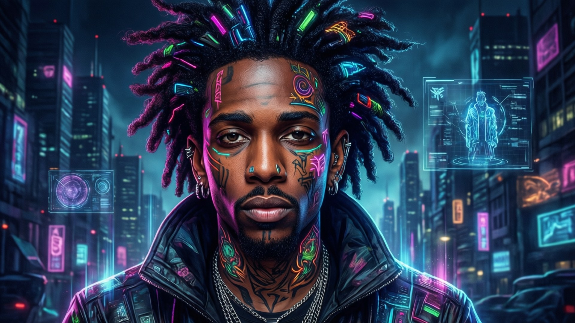 Cyberpunk Flacko 壁紙 — 一個擁有發光霓虹燈辮和臉部紋身的賽博龐克男人站在雨淋的未來城市景觀中，周圍是全息顯示屏。