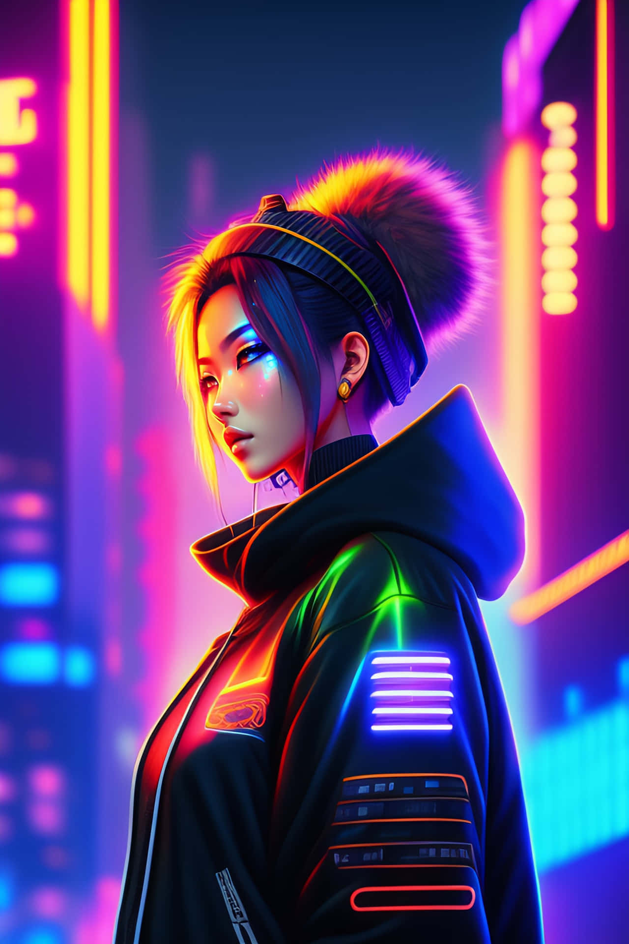  壁紙 — 一位身穿發光外套的賽博龐克女性，站在充滿紫色和橙色霓虹燈光的城市景觀前。