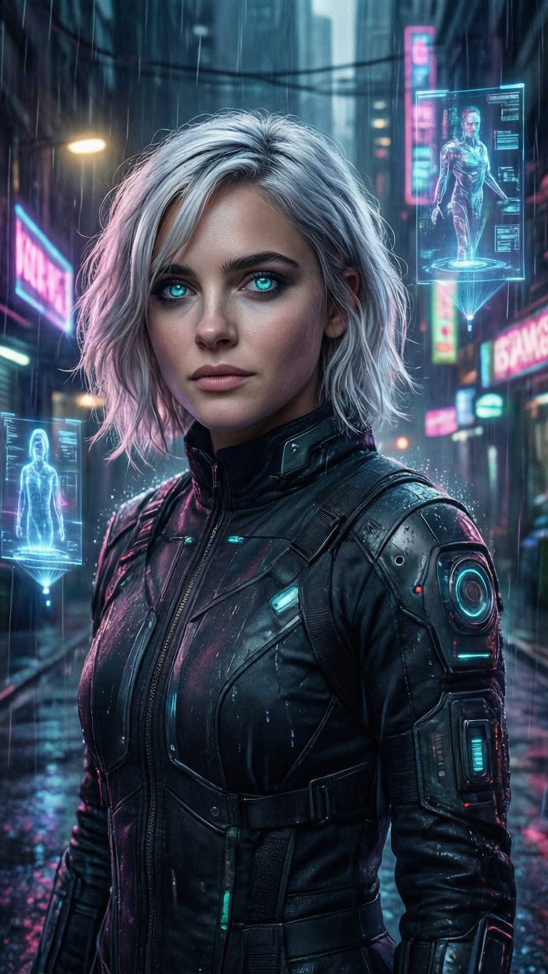 Cyberpunk Silver Hair 壁紙 — 一位銀髮藍眼的賽博龐克女性，穿著高科技黑色外套，站在雨中的霓虹燈街道上。