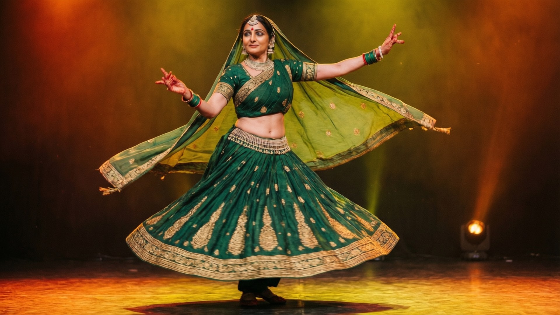 Classical Dance Kajol 壁紙 — 一位舞者身穿飄逸的綠色刺繡金邊長裙，在溫暖的舞台燈光下優雅旋轉。