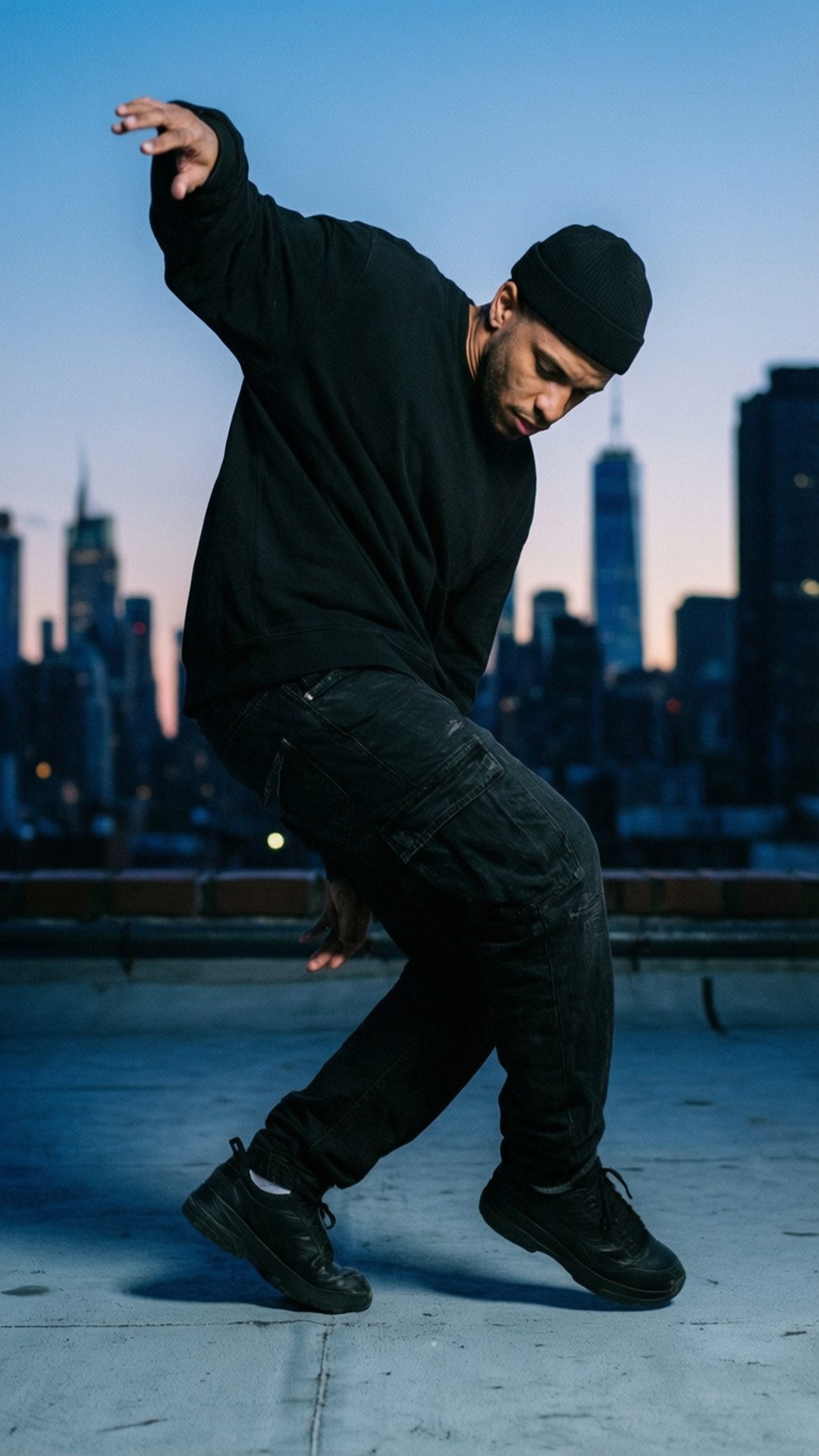 Michael Le Rooftop Dance 壁紙 — 一位身穿黑色服裝的舞者在屋頂上擺出動態姿勢，背景是暮色中的城市天際線。