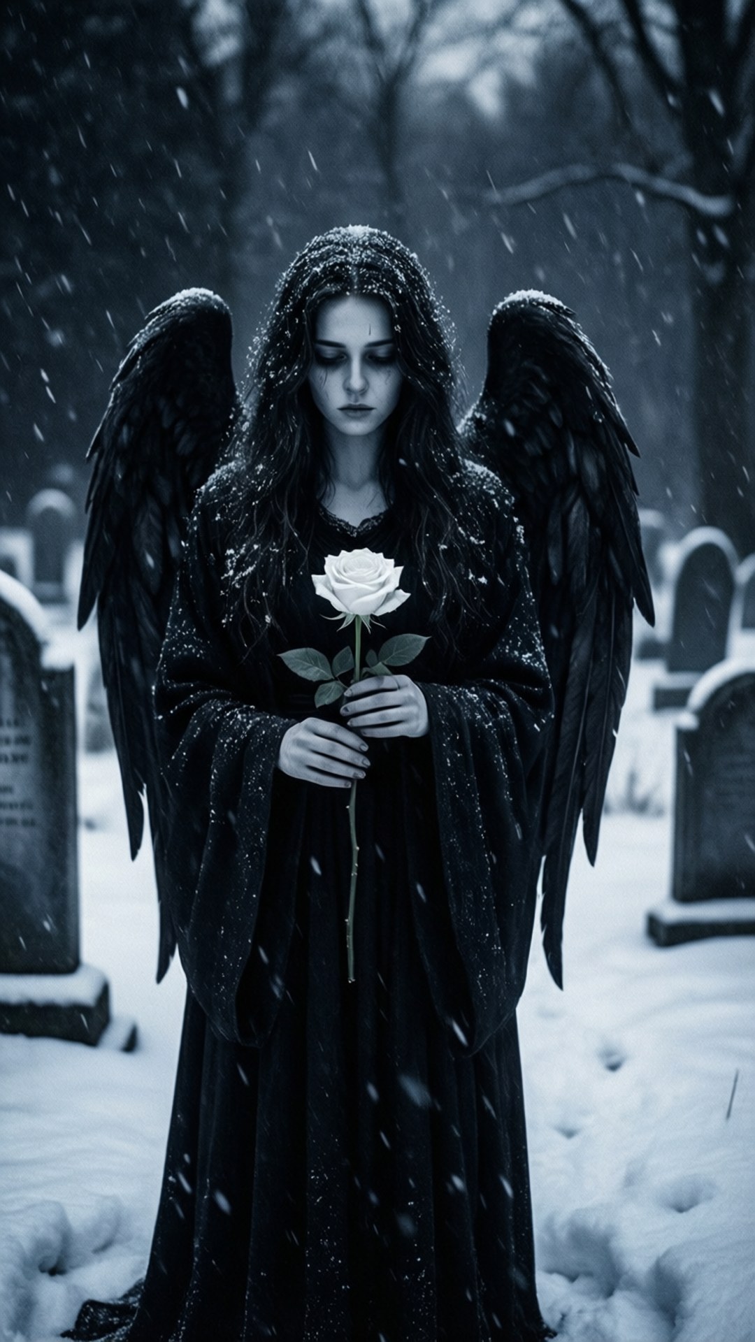 Winter's Mourning 壁紙 — 一個黑色翅膀的黑暗天使站在雪地墓地中，手持一朵白玫瑰，雪花飄落。