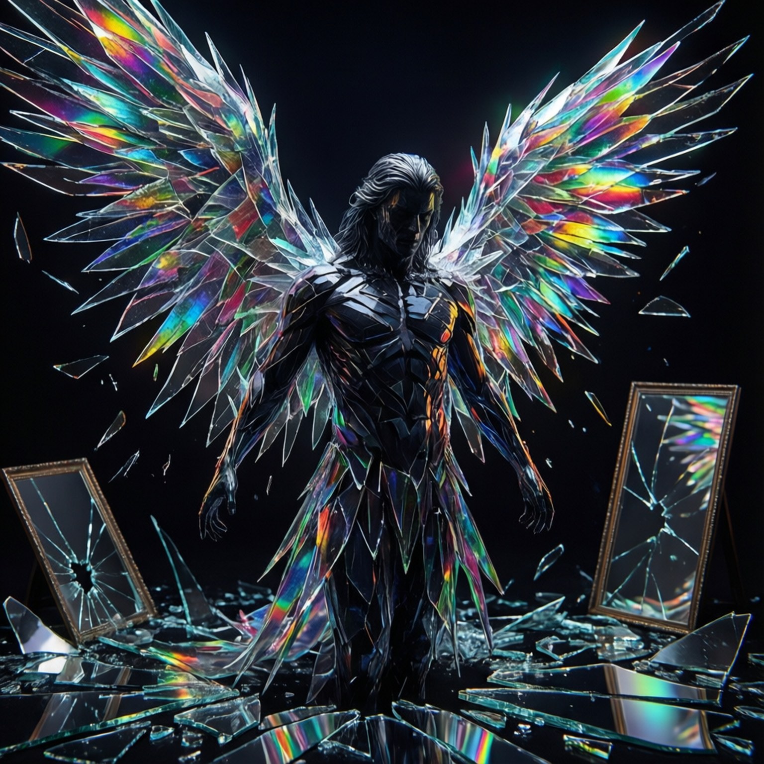 Shattered Light 壁紙 — 一個擁有彩虹色玻璃翅膀的黑暗天使站在破碎的鏡子中，鏡子反射出彩虹色調，背景是黑色虛空。