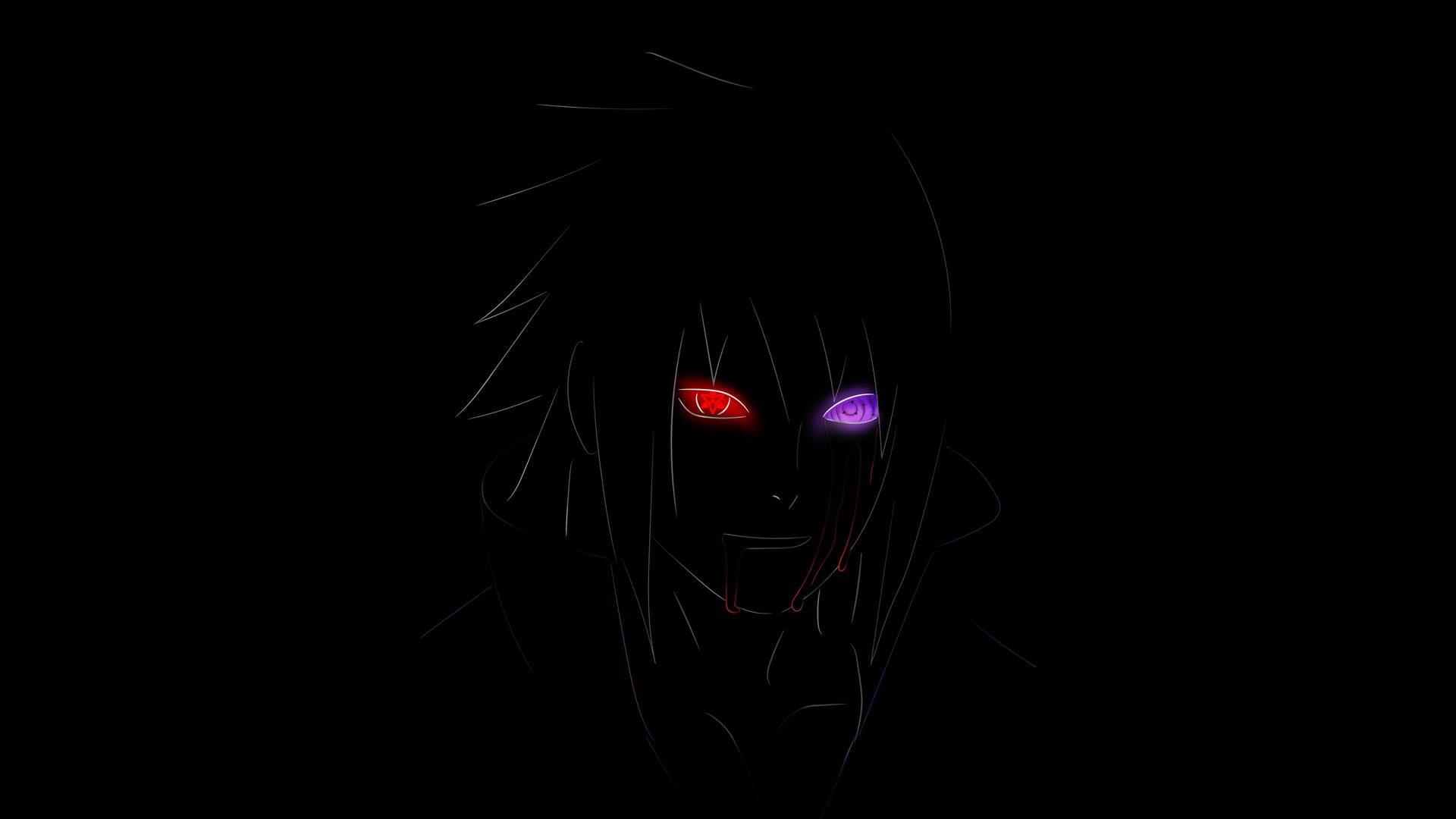 在黑暗中擁有發光紅色和紫色眼睛的動漫角色。 — Sasuke 壁紙