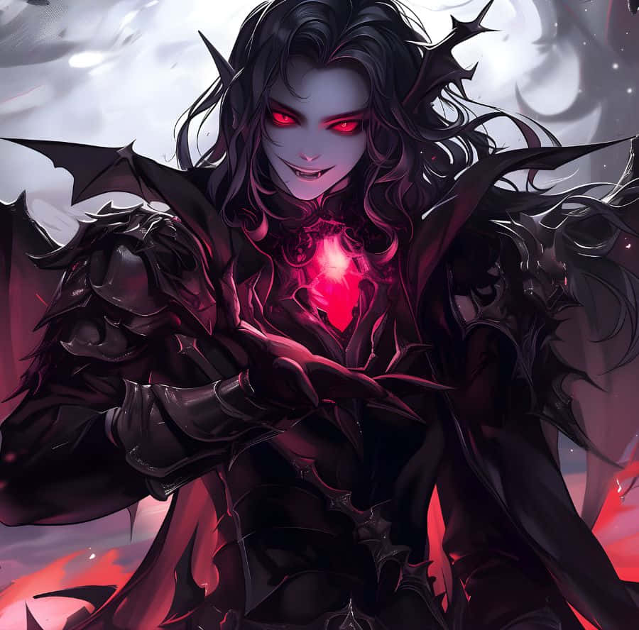  壁紙 — 一個黑暗的動漫惡魔，擁有發光的紅色眼睛和跳動的心臟，在暴風雨的天空下威脅地站立。