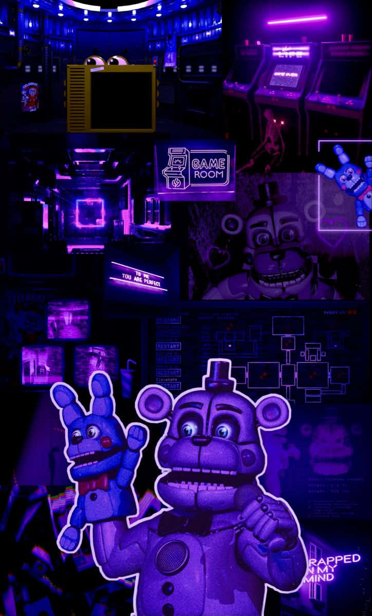  壁紙 — 一個昏暗的遊戲機房，沐浴在紫色霓虹燈光中，展示了《Five Nights at Freddy's》中的電子動畫角色。