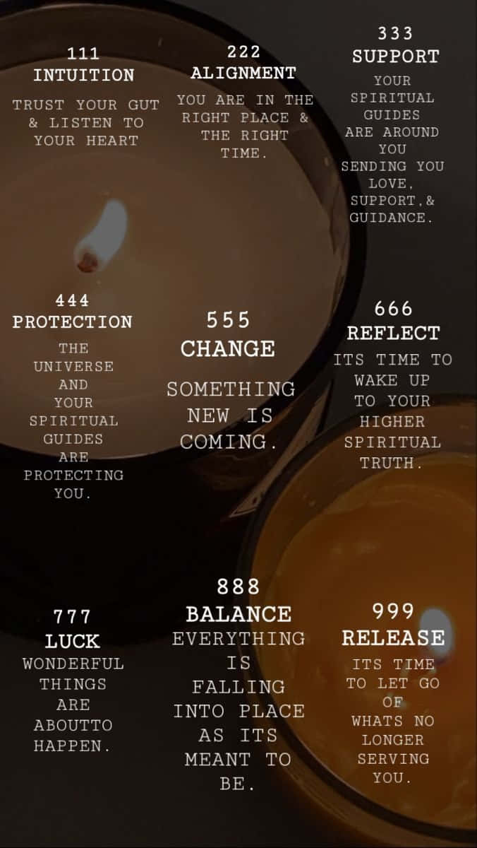  壁紙 — 深色背景，帶有發光蠟燭和靈性天使數字（如111和777）及肯定語。