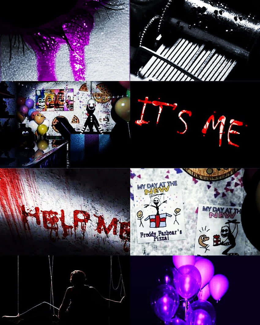  壁紙 — 一幅黑暗的恐怖主題拼貼畫，包括紫色眼淚、鋼琴、Freddy Fazbear's Pizza 海報、血淋淋的文字和一個懸掛的人物。