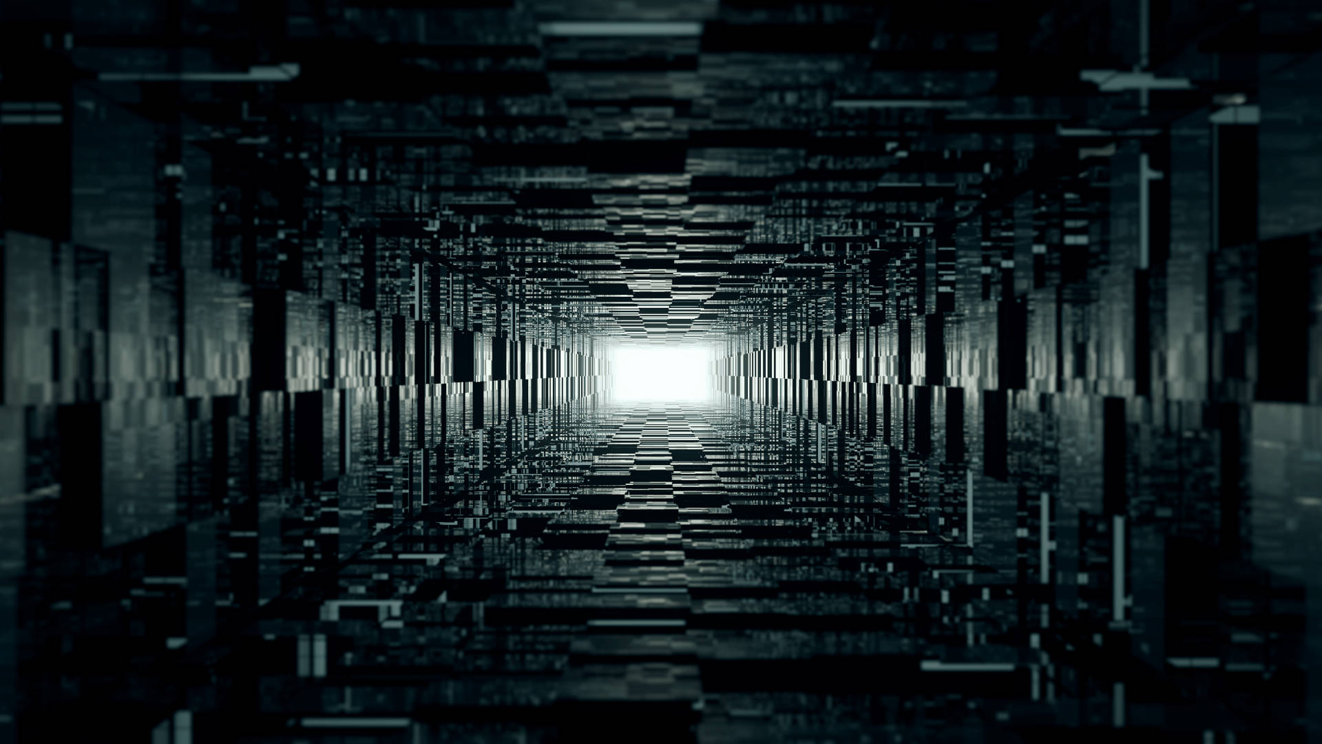 一個黑暗的數位隧道，帶有故障方塊，通向明亮的白光。 — 3D 壁紙