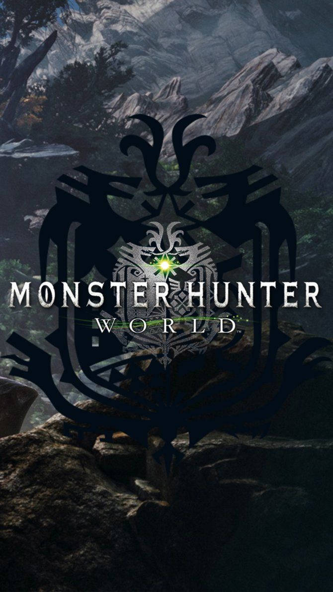 monster hunter iPhone 桌布 壁紙 — Monster Hunter World 的黑暗奇幻標誌在霧氣瀰漫的山巒背景下發出綠色光芒。