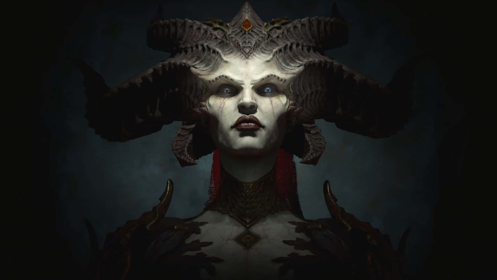  壁紙 — 一個黑暗奇幻肖像，描繪一個惡魔般的女性角色，擁有華麗的角和發光的眼睛，背景陰暗。