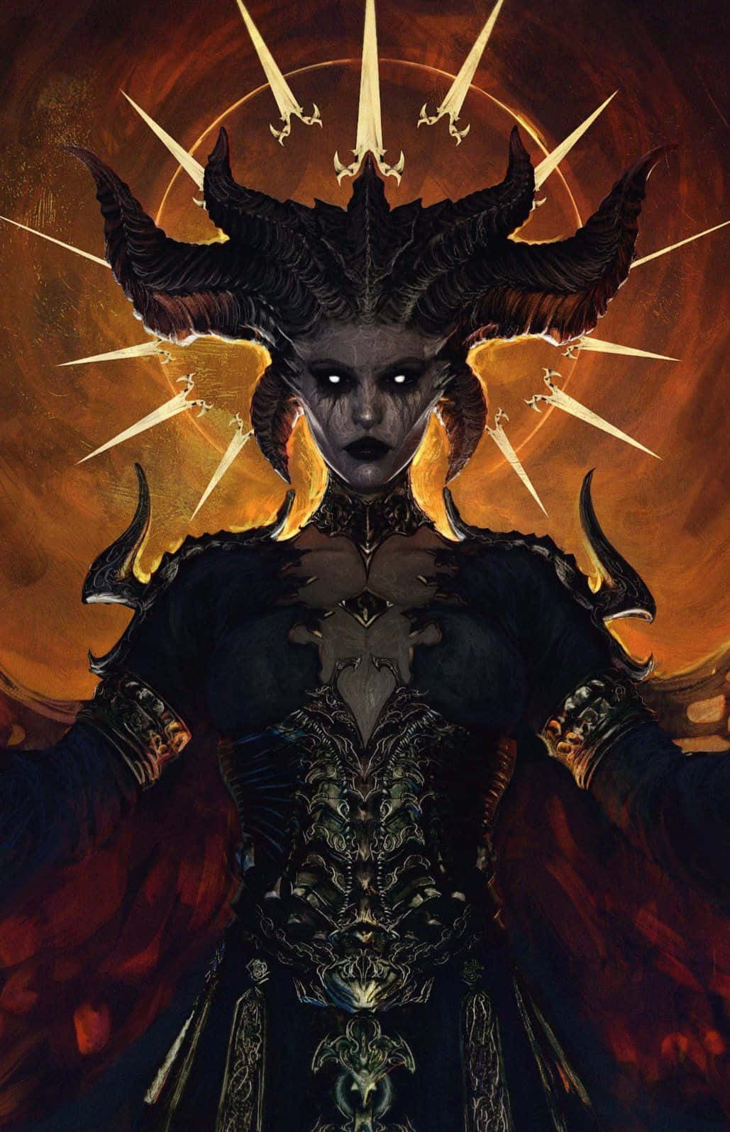  壁紙 — 一位擁有發光眼睛和華麗角的黑暗奇幻女王站在由劍組成的燦爛金色光環前。