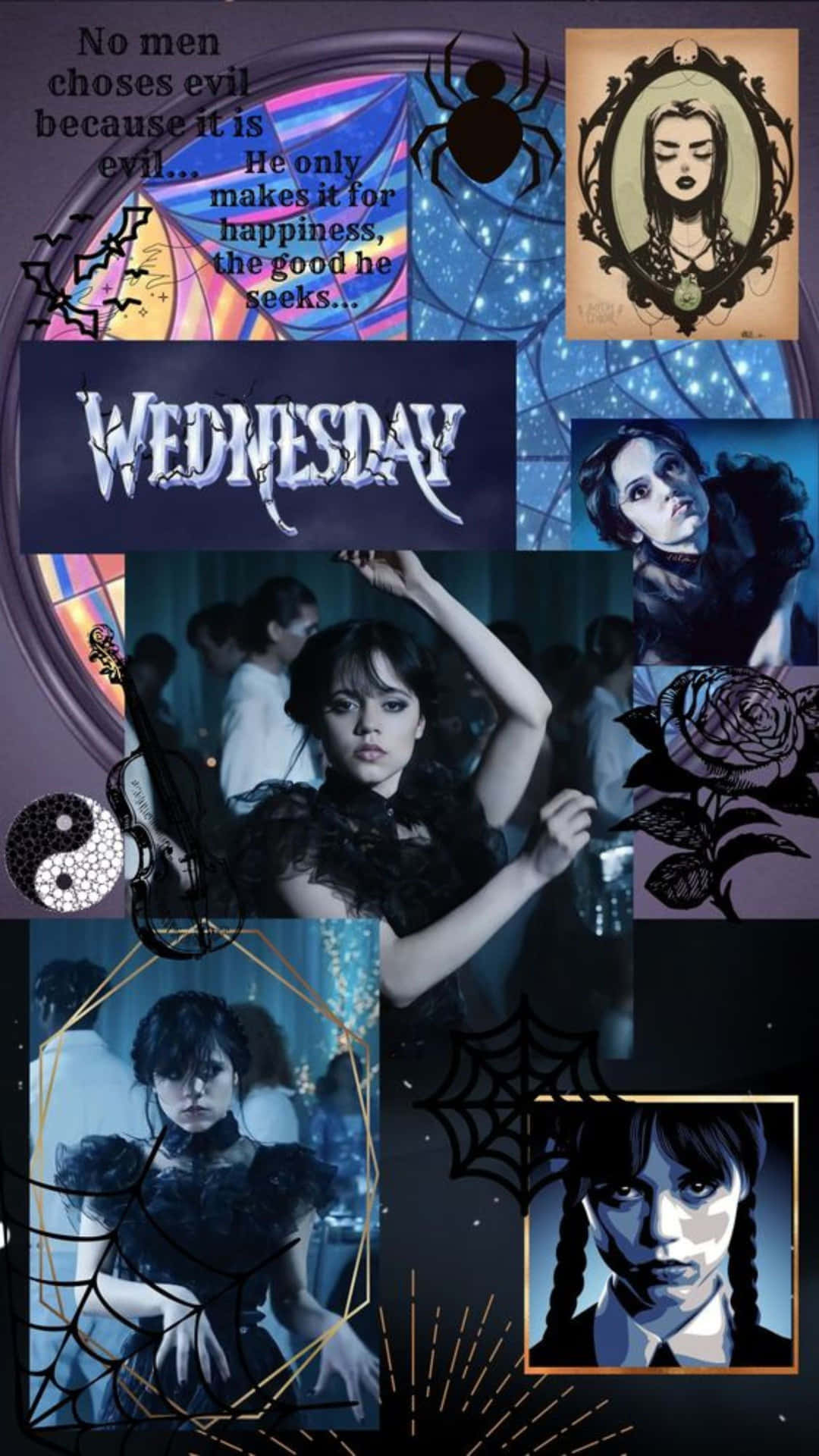  壁紙 — 一幅黑暗哥德式拼貼畫， featuring Wednesday Addams 以多種陰鬱姿態出現，搭配蜘蛛、玫瑰和神秘符號。