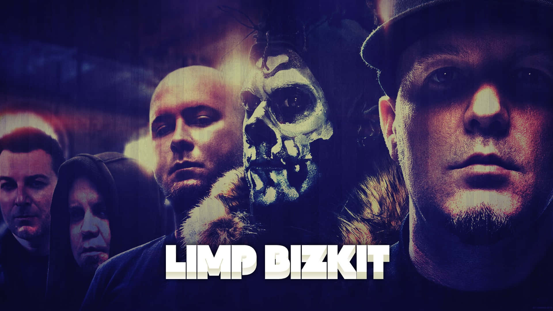  壁紙 — Limp Bizkit 的黑暗粗獷樂隊肖像，帶有骷髏頭和強烈的表情，在戲劇性的燈光下。