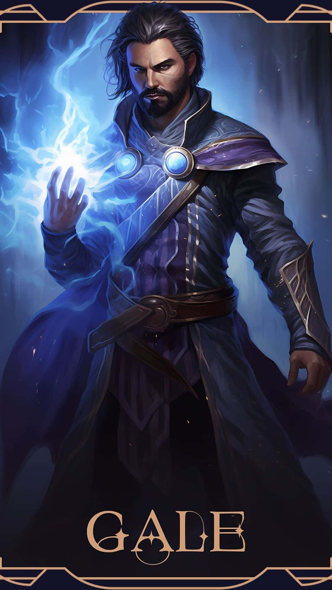  壁紙 — 一位黑髮鬍鬚的魔法師身穿紫色長袍，在暴風雨背景下從伸出的手中釋放出明亮的藍色閃電。