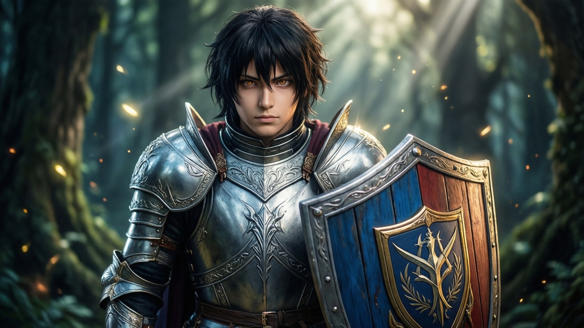 Knight Kirishima 壁紙 — 一位黑髮騎士身穿華麗的銀色盔甲，手持帶有金色紋章的藍紅盾牌，站在陽光明媚的森林中。