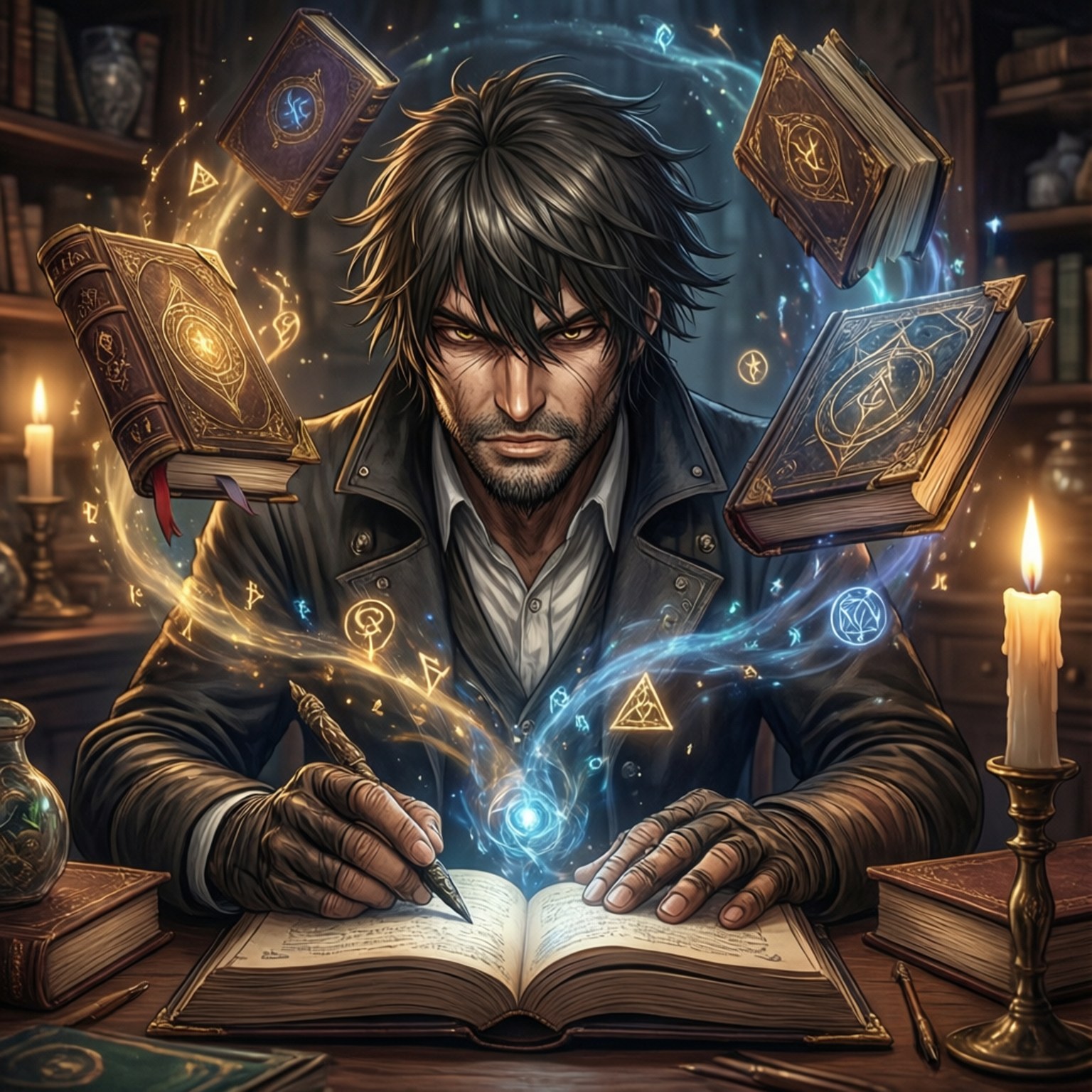 Rudeus the Scholar 壁紙 — 一位黑髮法師穿著皮夾克，在一本打開的書上寫字，浮動的魔法書和發光的符文在燭光圖書館中環繞著他旋轉。