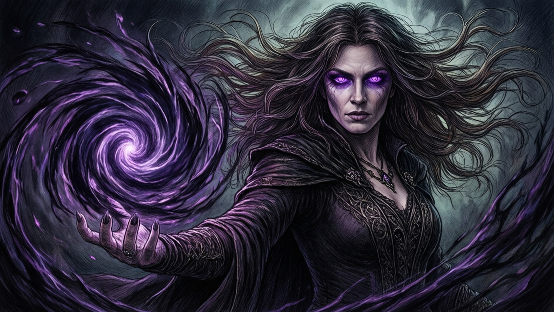 Dark Enchantress 壁紙 — 一位深色頭髮、擁有發光紫色眼睛的女巫，從她伸出的手中引導出旋轉的紫色能量漩渦。