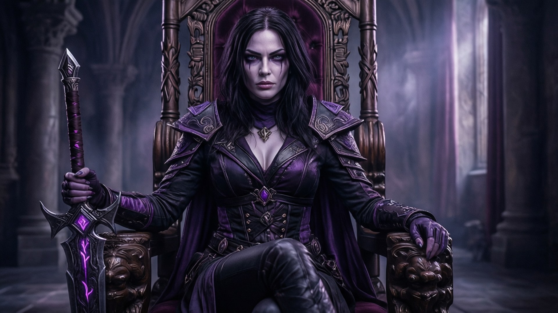 Queen of the Land of Shadows 壁紙 — 一位黑髮女子身穿紫色盔甲，端莊地坐在華麗的王座上，手持發光的劍，身處哥德式大教堂。