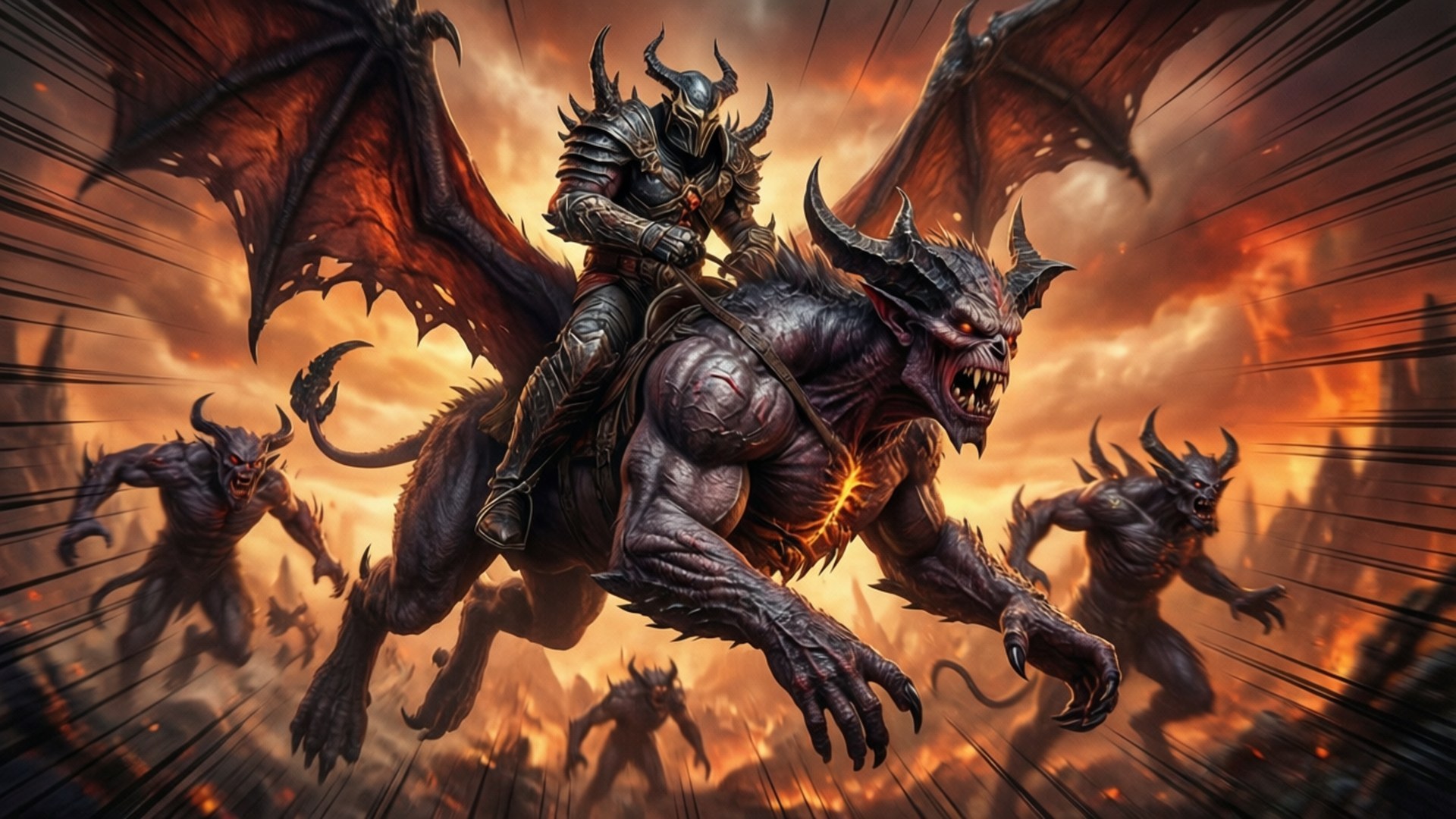 Ride the Hellbeast 壁紙 — 一個身穿尖刺盔甲的黑暗騎士騎著一隻 monstrous 有翼惡魔，穿越火熱的末日天空，地獄嘍囉在後面衝鋒。