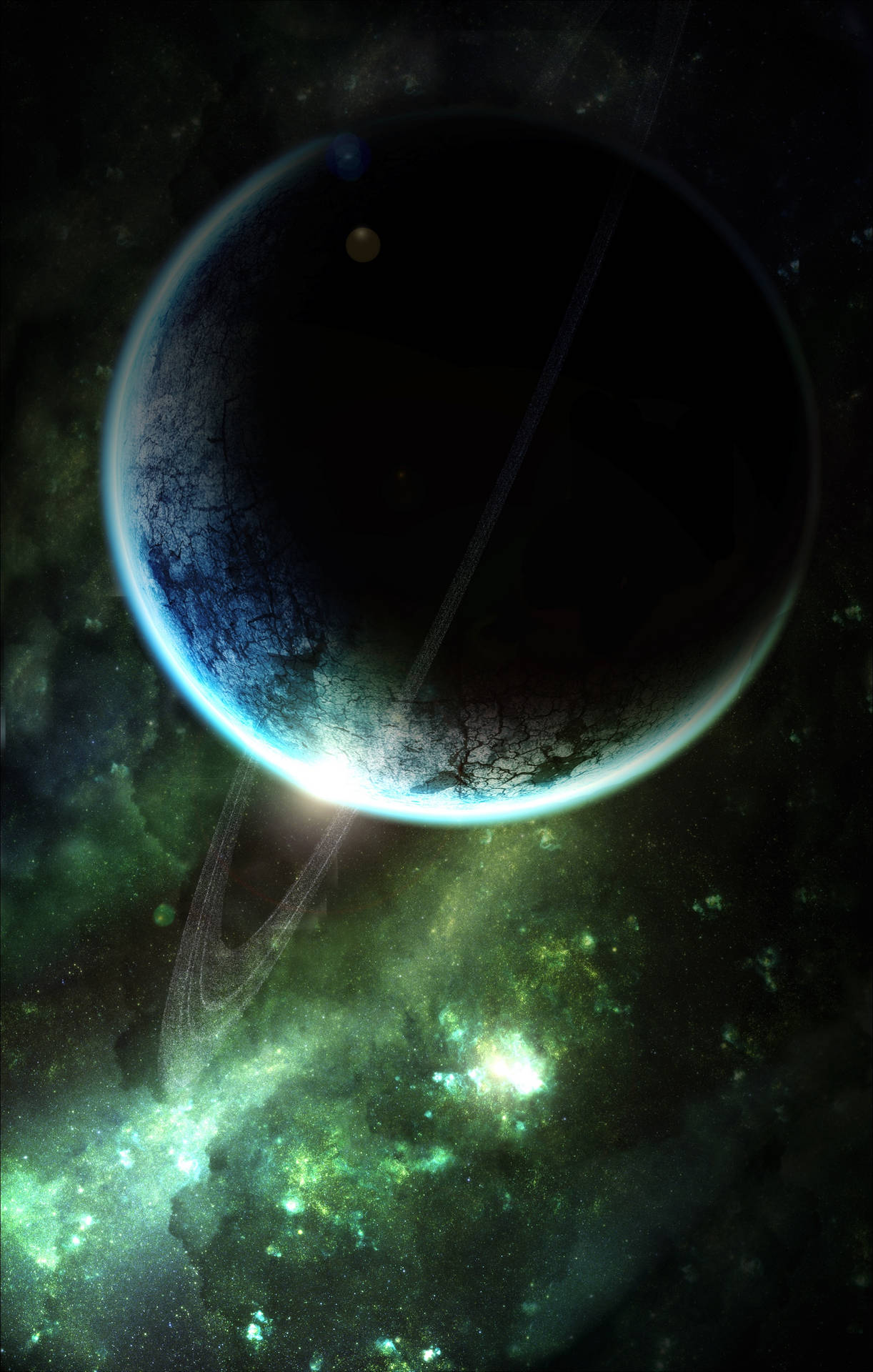 一顆黑暗行星帶著發光的環，在深空中繞著充滿活力的綠色星雲運行。 — 土星 壁紙