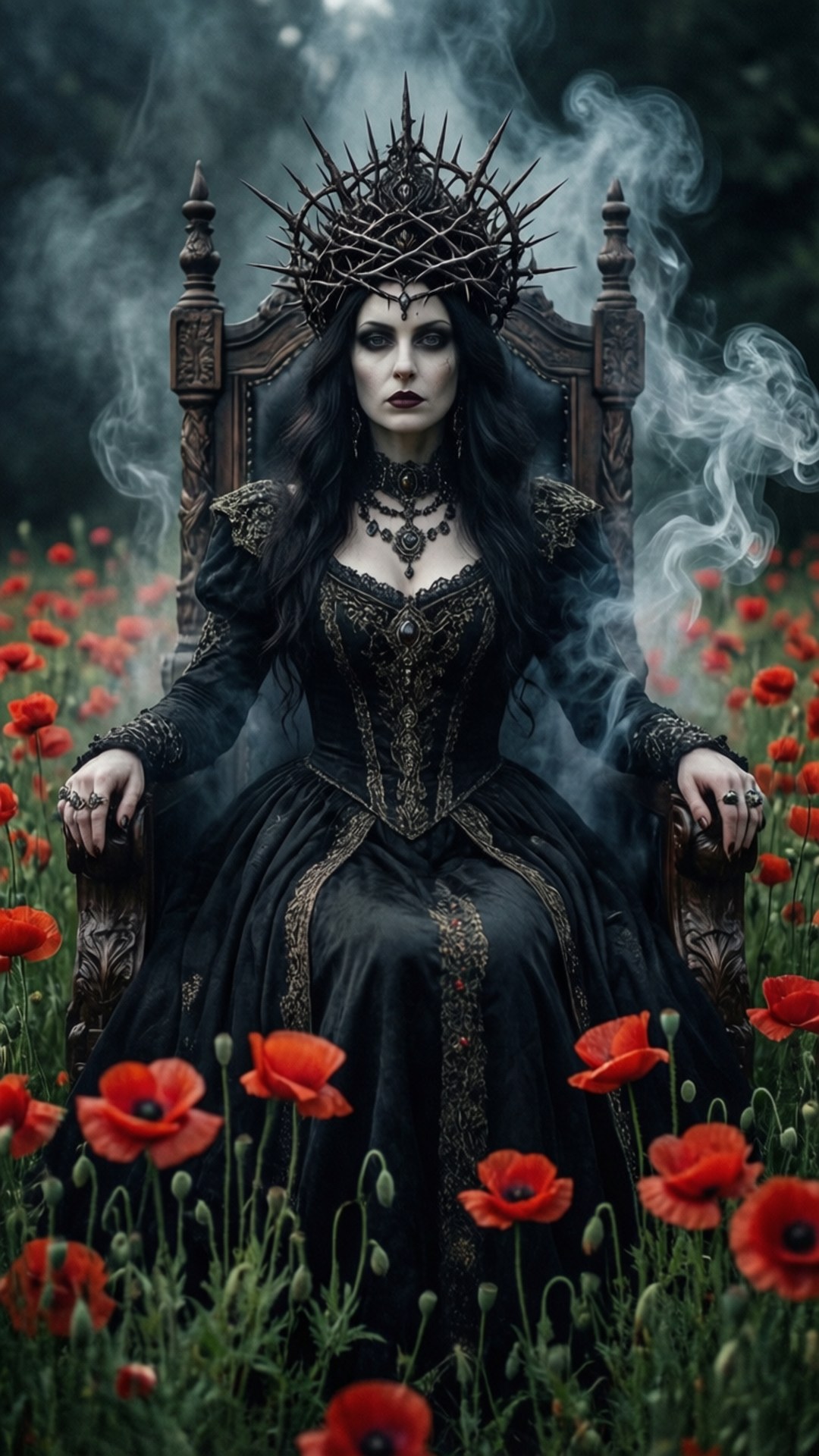 Opium 桌布 壁紙 — 一位戴著尖刺皇冠的黑暗女王，端坐在華麗的王座上，周圍是紅色的罌粟花田，煙霧繚繞。
