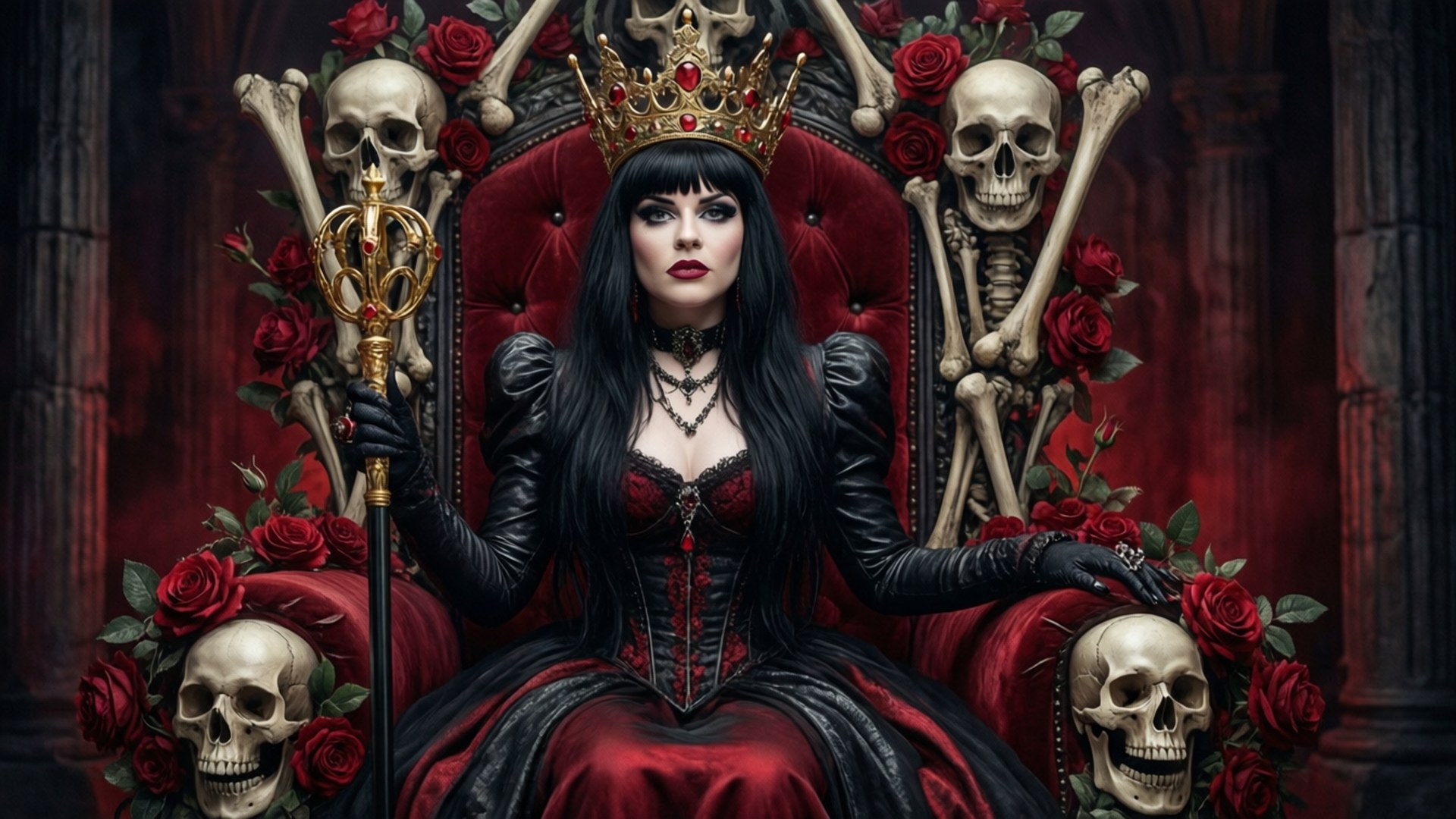 Dark Queen Throne 壁紙 — 一位黑髮紅唇的暗黑女王威嚴地坐在裝飾著骷髏和玫瑰的紅色王座上，戴著鑲有寶石的王冠，手持權杖。