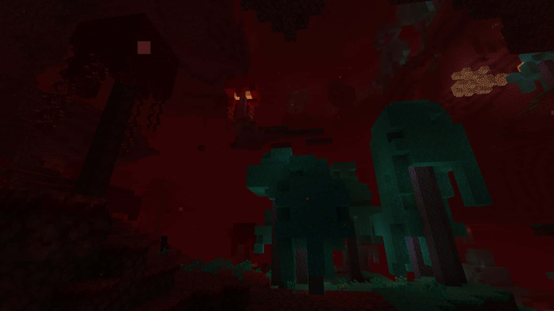  壁紙 — 暗紅色像素化的Minecraft地獄景觀，有發光的熔岩和方塊樹，天空充滿威脅感。