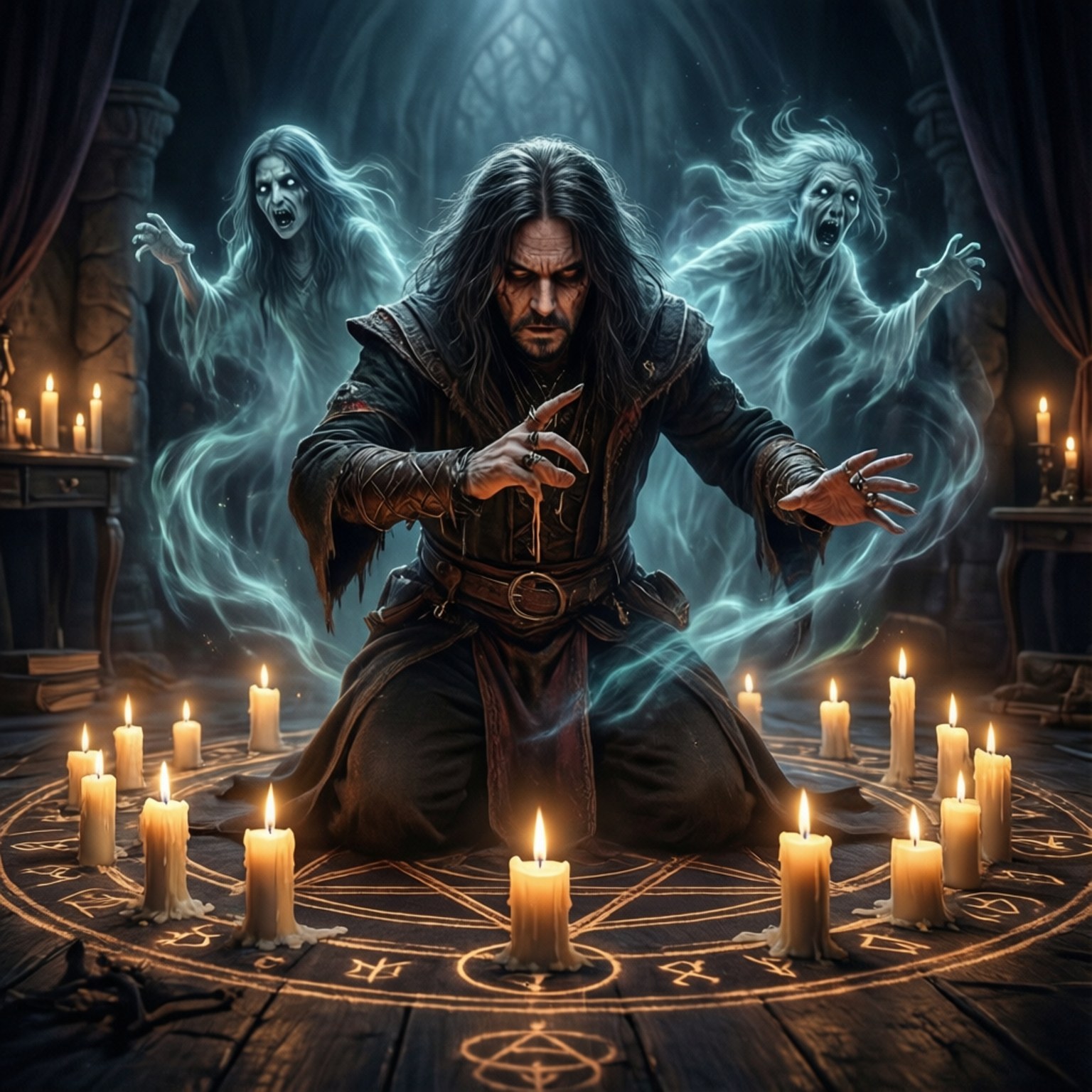Occultist's Ritual 壁紙 — 一位身穿黑袍的巫師跪在燭光環繞的圓圈中，兩個幽靈般的身影在他身後縈繞著哥德式房間。