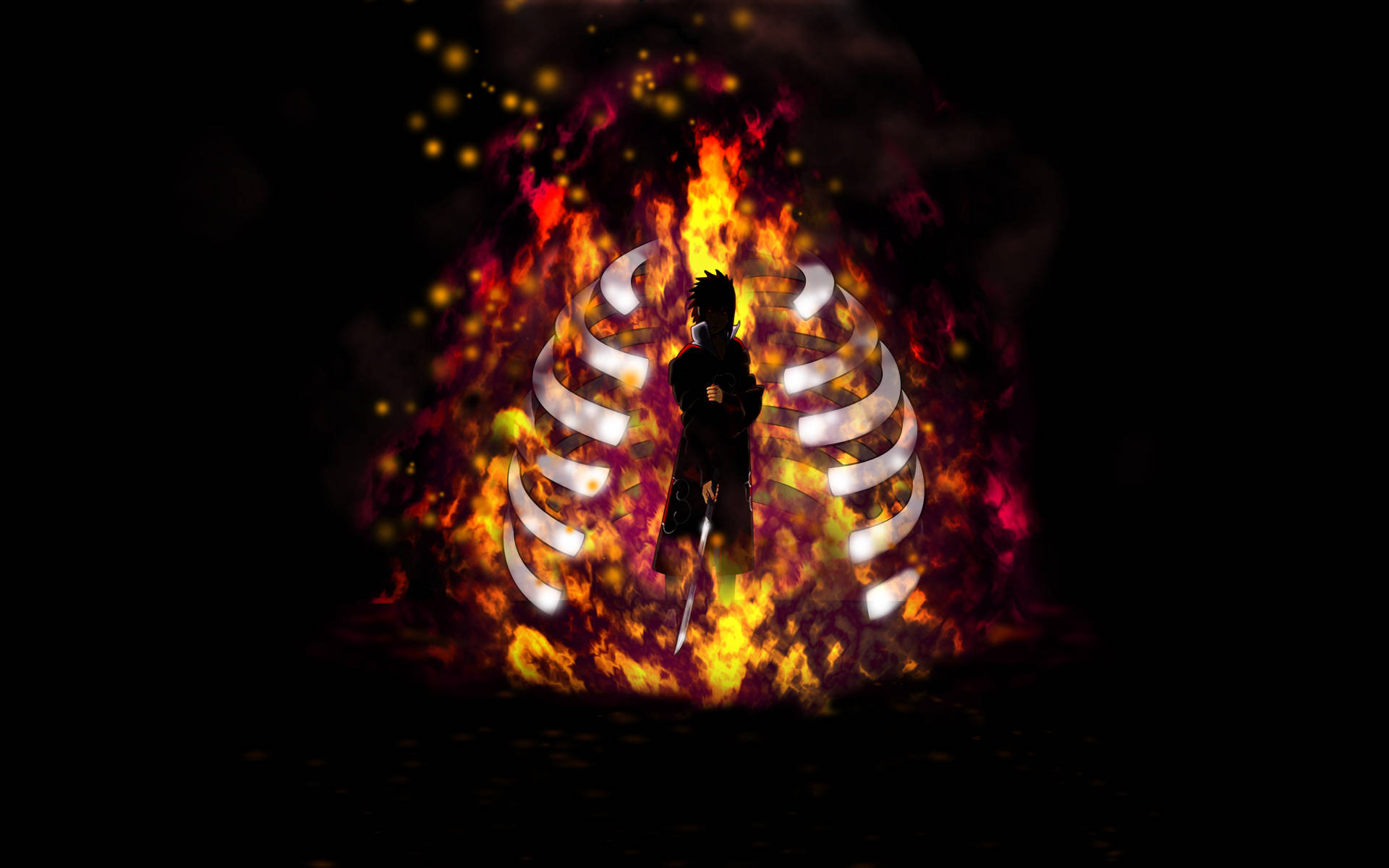 動漫戰士在黑暗環境中被火焰和發光絲帶包圍 — Sasuke 壁紙