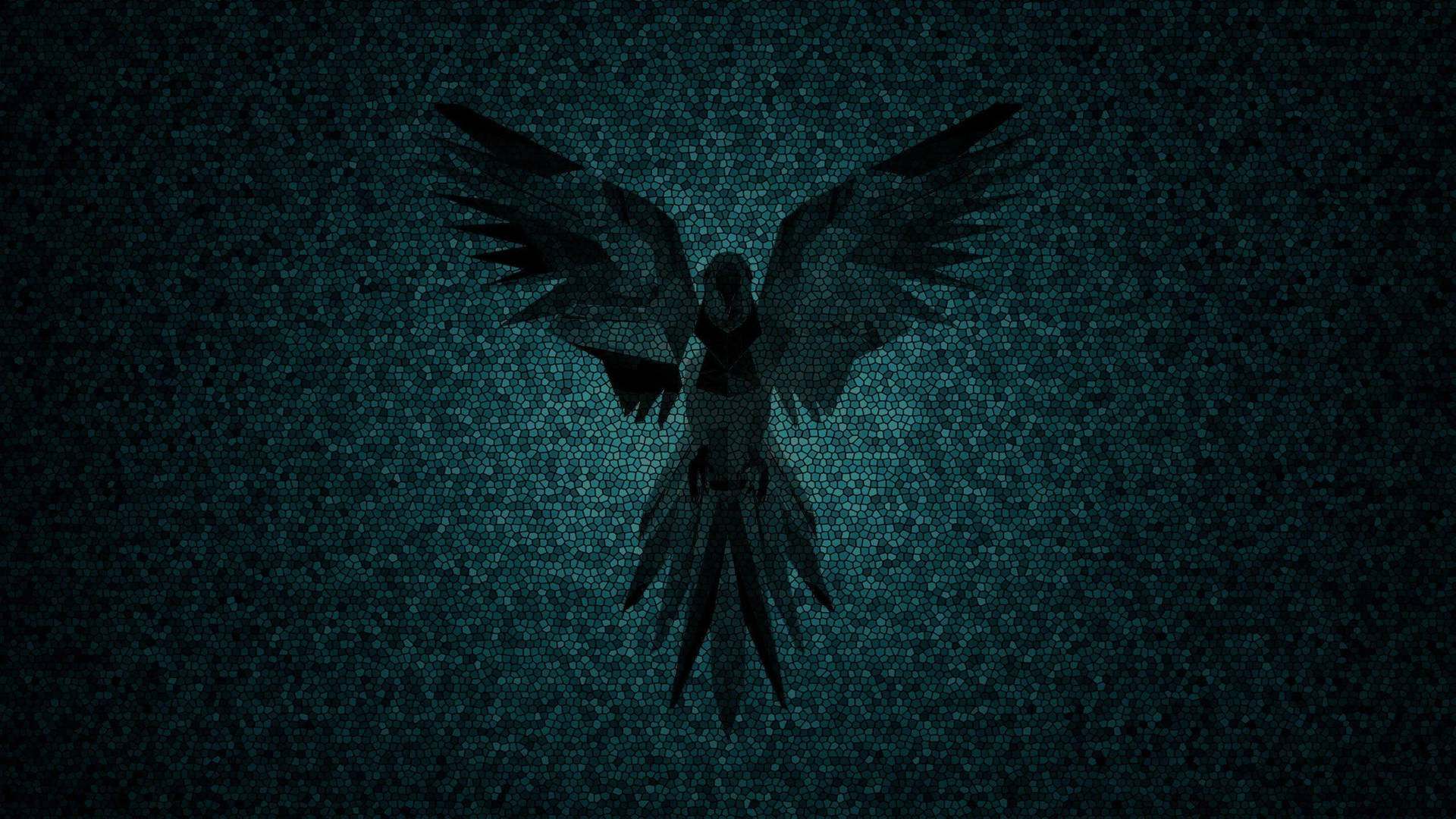 帶有紋理的青綠色背景上，展翅的深色鳥類剪影。 — Linux 壁紙