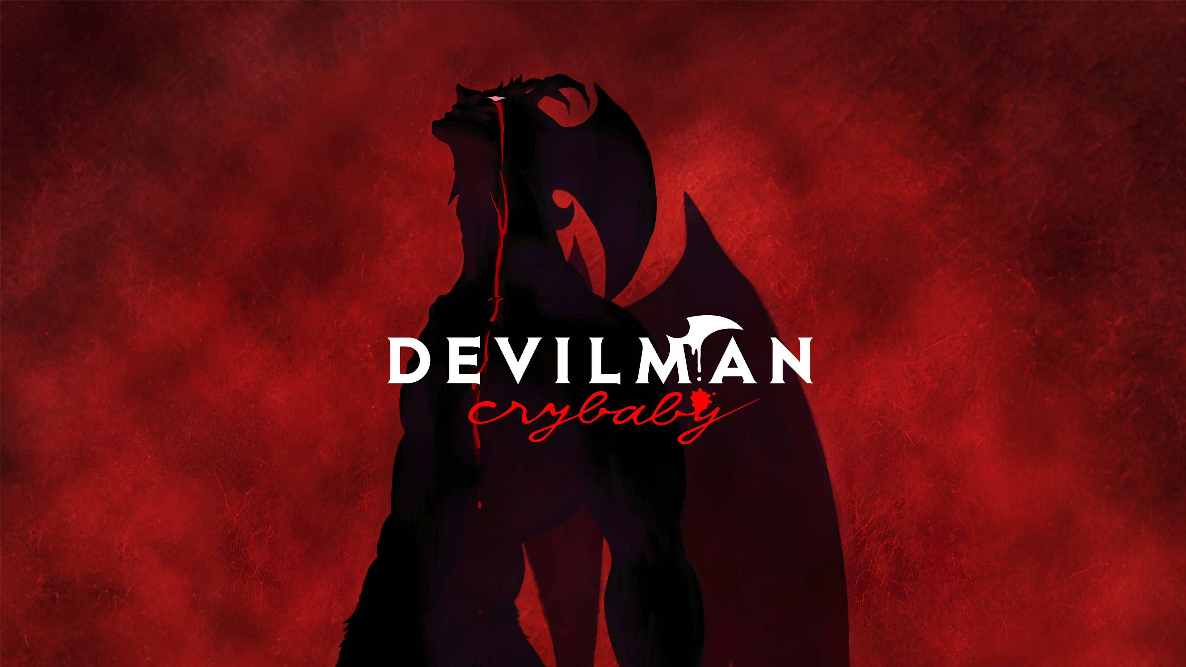crybaby 桌布 壁紙 — Devilman Crybaby 的黑色剪影站在有紋理的深紅色背景前，頭部滴血。