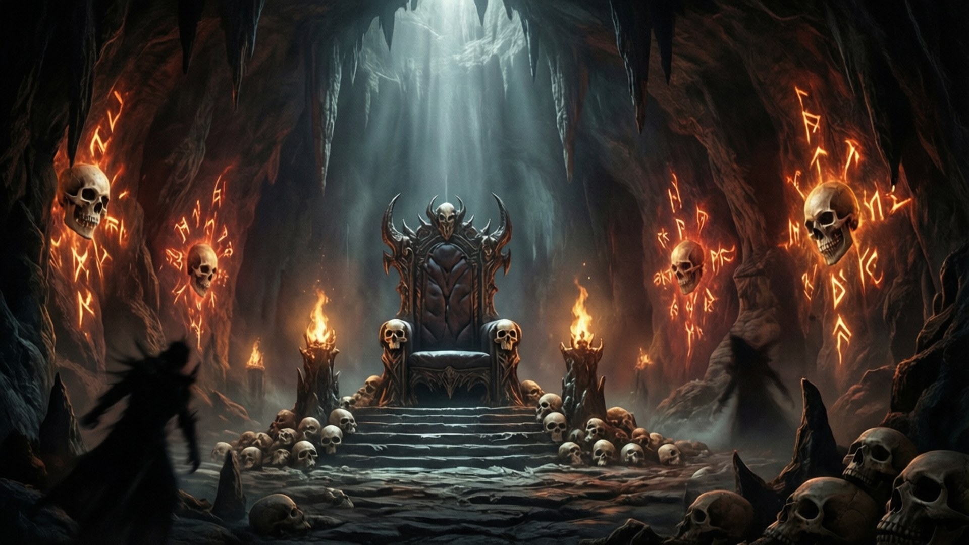 Diablo's Lair 壁紙 — 一個黑暗的洞穴王座室，骷髏頭閃爍著符文，一個陰影人物接近一個帶刺的王座。