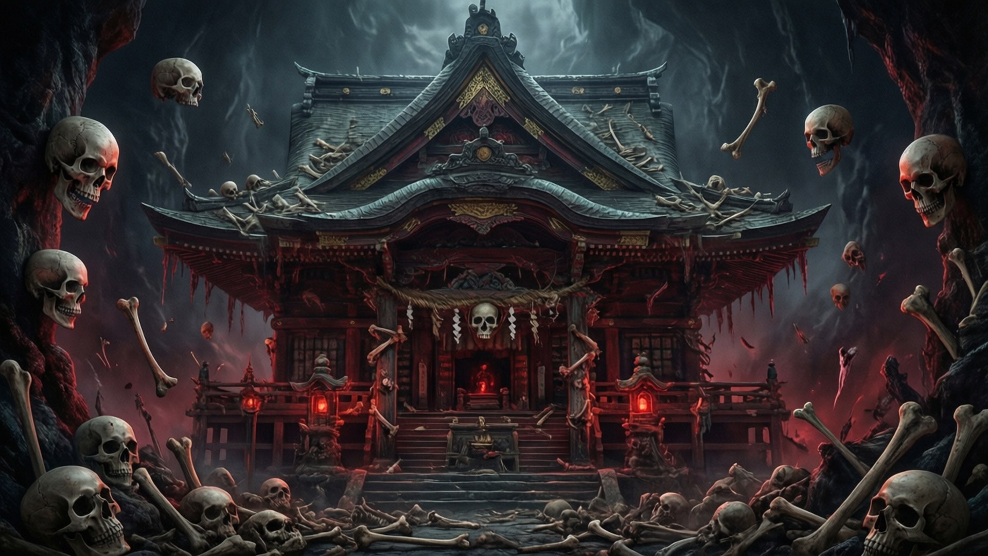 Malevolent Shrine 壁紙 — 一個黑暗的傳統神社，周圍漂浮著頭骨和骨頭，天空風暴密佈。