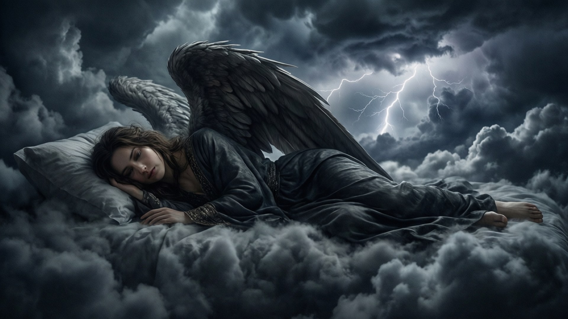 Cloud Reclining 壁紙 — 一個黑翼天使在雲床上安睡，閃電劃過暴風雨的天空。