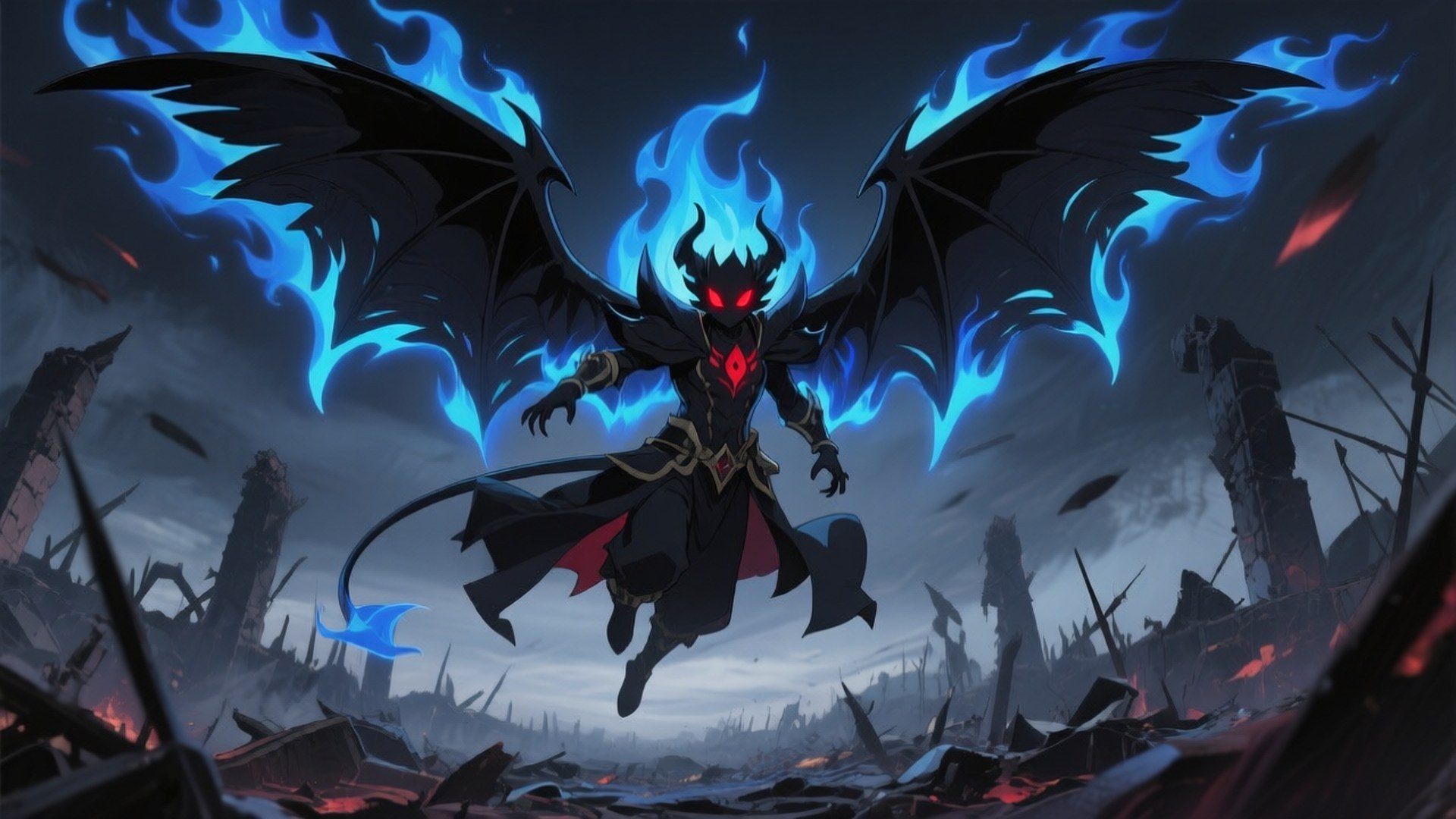Demon Lord Ascendant 壁紙 — 一個擁有黑暗翅膀、發光紅眼和藍色火焰翅膀的惡魔，盤旋在廢墟戰場上空。