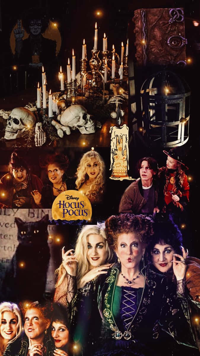  壁紙 — 一幅陰暗奇幻的拼貼畫，描繪了《Hocus Pocus》女巫在溫暖發光的燈光下，被骷髏、蠟燭和魔法道具包圍。