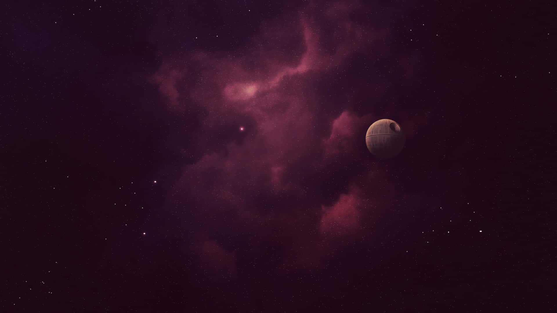  壁紙 — 一顆死星漂浮在深空中點綴著遙遠恆星的旋轉紫色星雲中。