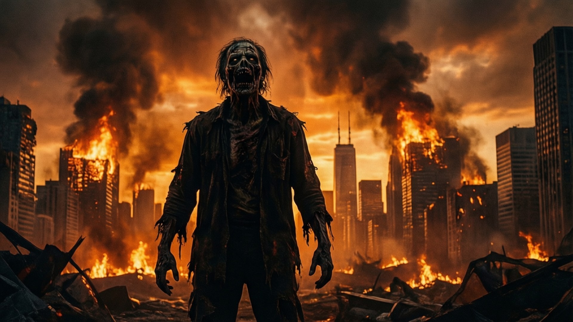 Apocalyptic Silhouette 壁紙 — 一個腐爛的殭屍站在瓦礫中，摩天大樓燃燒，煙霧在末日般的橙色天空下翻騰。