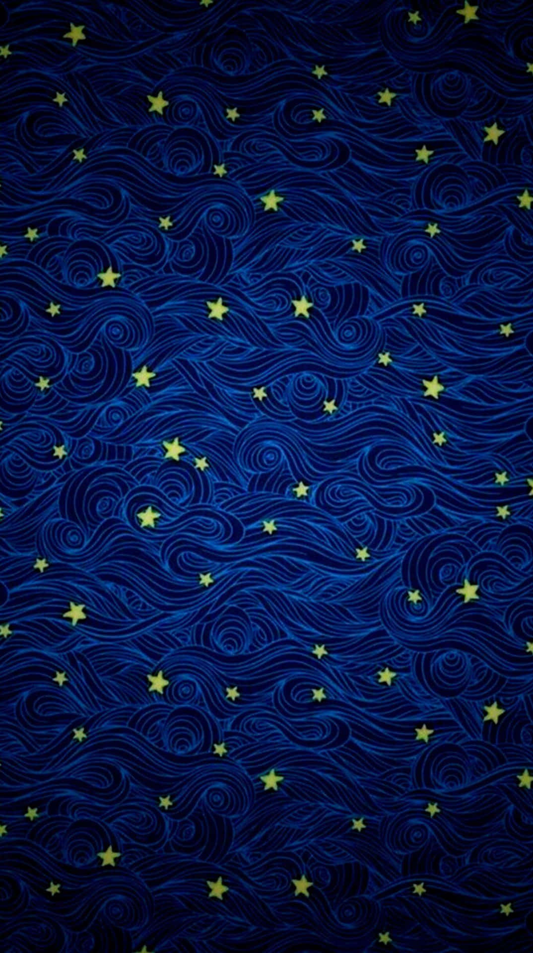  壁紙 — 深藍色漩渦夜空圖案，點綴著發光的黃色星星。