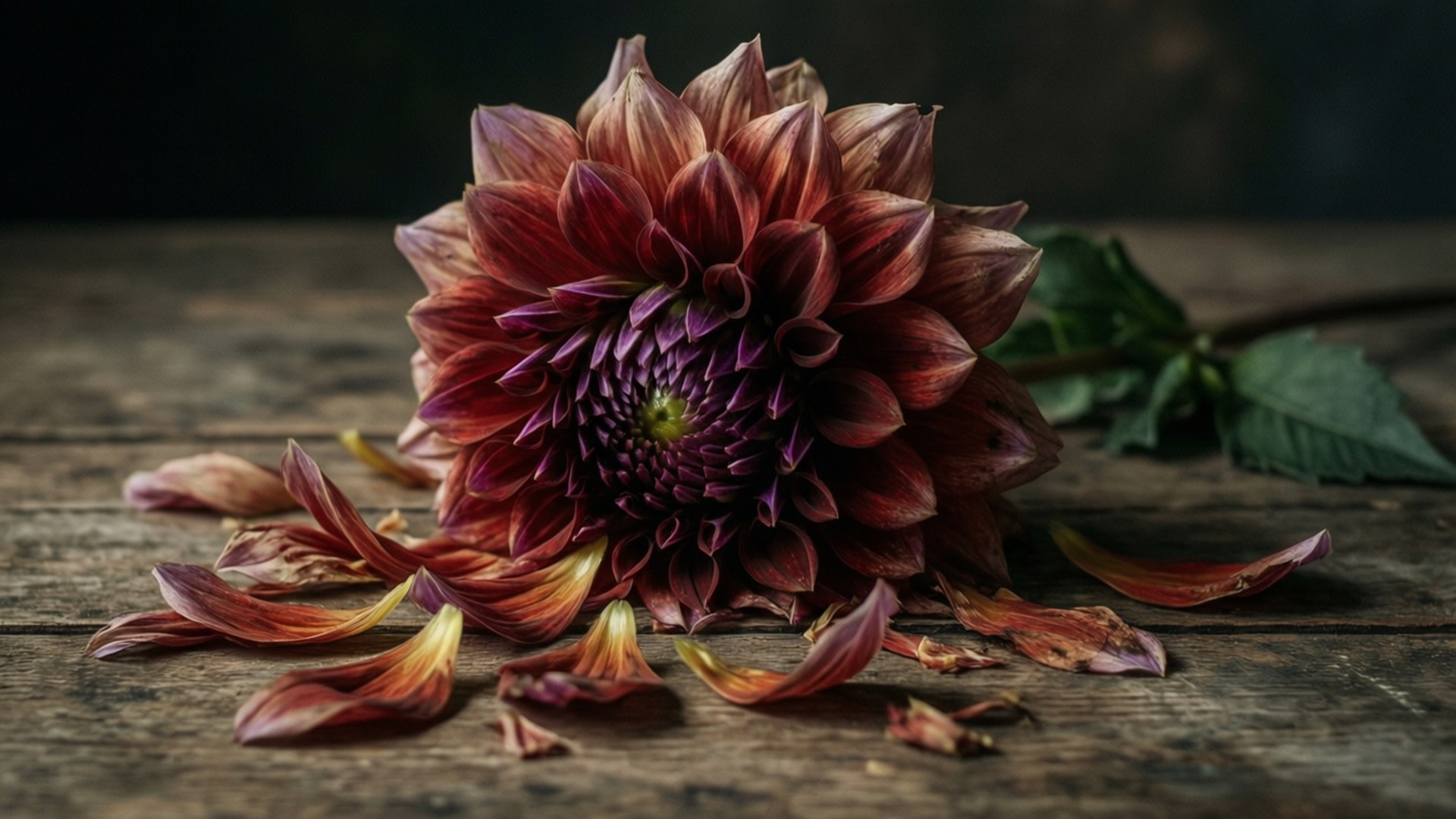 Falling Petals Dahlia 壁紙 — 一朵深栗色大麗花，帶有紫色花心和散落的花瓣，放在風化的木質表面上。