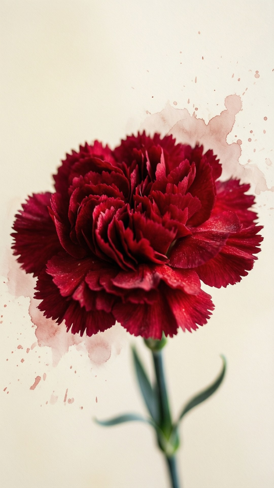 Red Carnation Elegance 壁紙 — 一朵深紅色康乃馨，帶有皺褶花瓣和水彩潑濺，背景為奶油色。